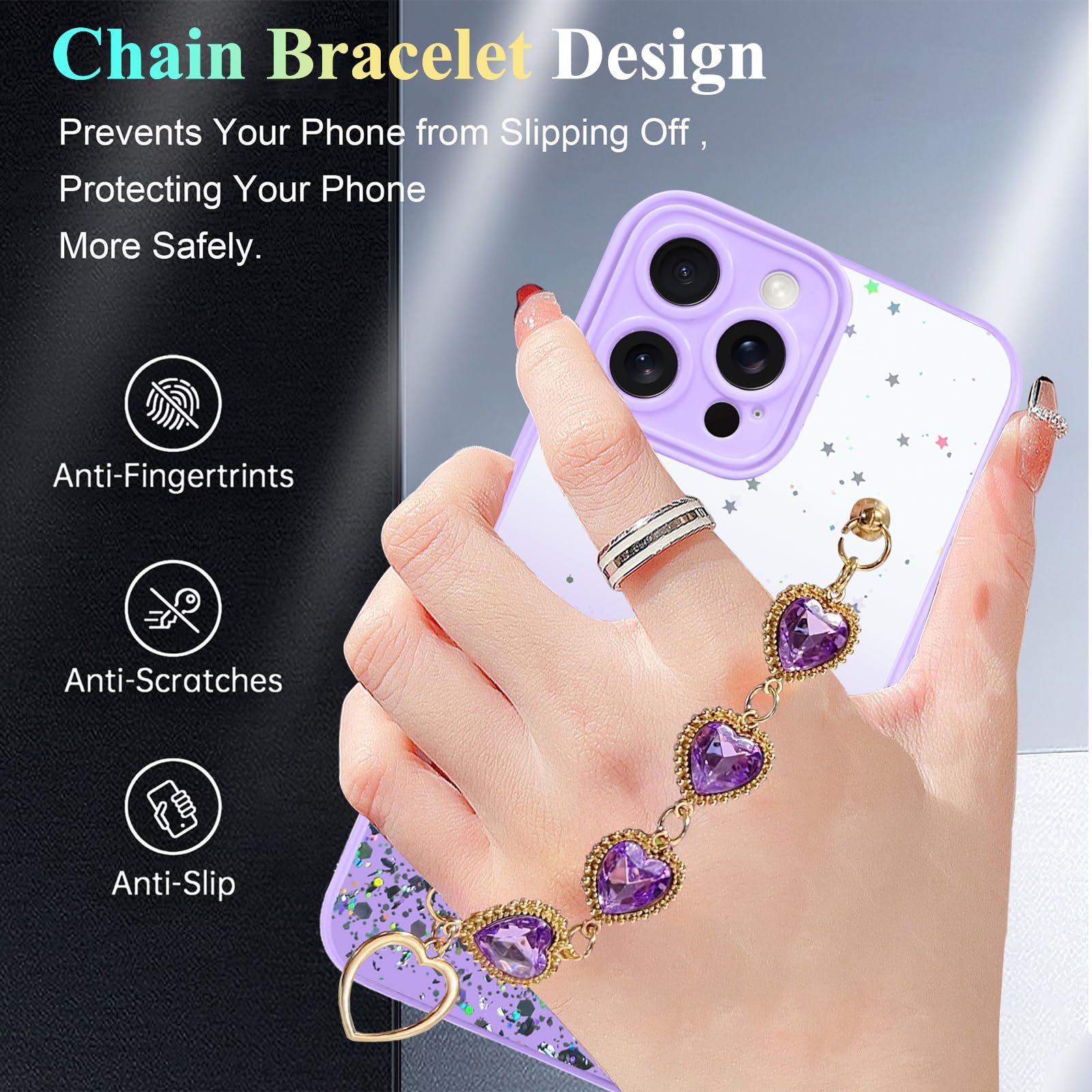 Yarxiawin Brillantini Custodia Per Apple iPhone 15 Pro Max, Rosa Estetica Cordino per iPhone 15 Pro Max Cover Trasparente Silicone Sottile Morbido Case Antiurto per Donne (Viola
