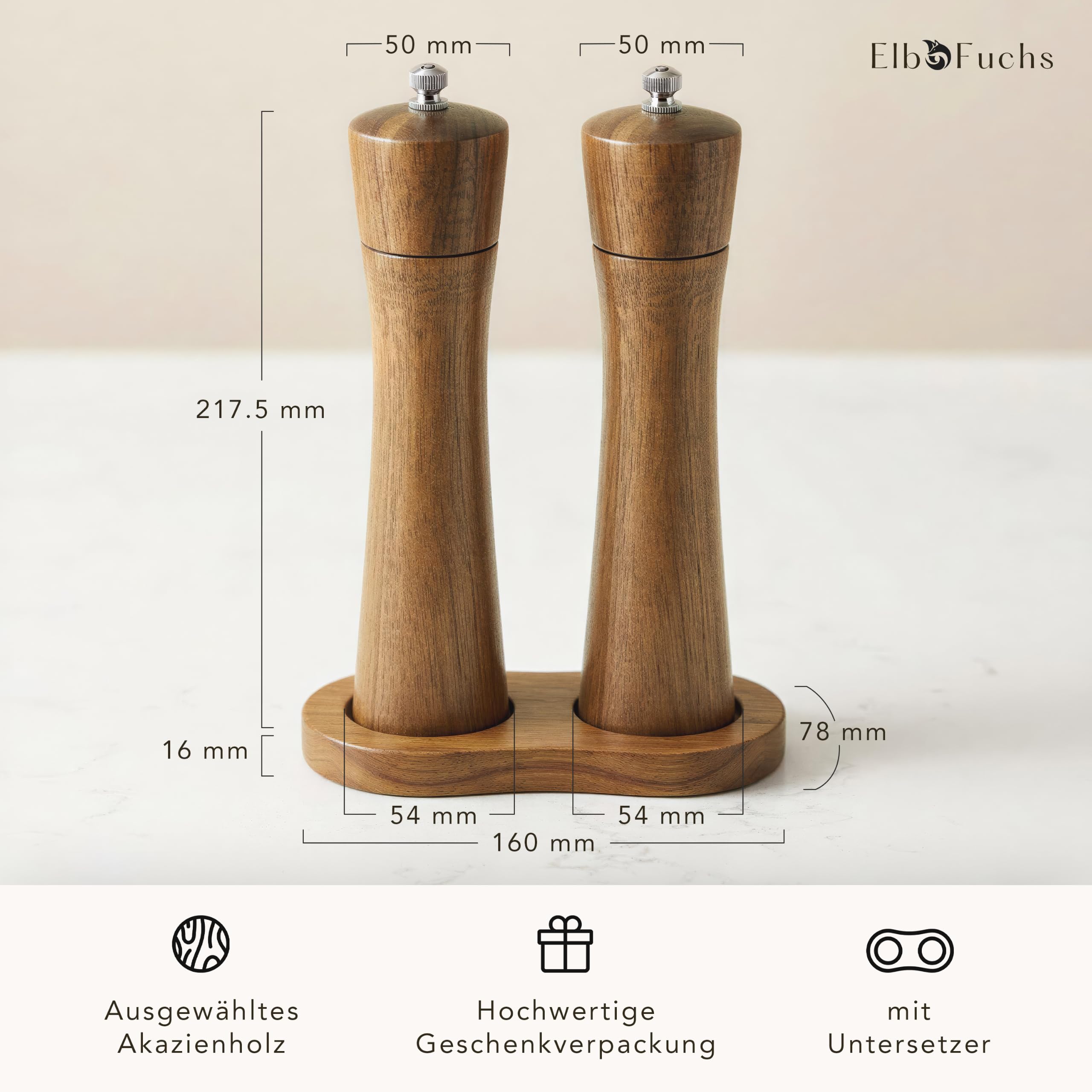 ElbFuchs Salz und Pfeffermühle Holz Set aus Akazienholz mit Untersetzer, 2 große Gewürzmühlen stufenlos verstellbar, Hochzeitsgeschenk für Brautpaar, Einzug und Hölzerne Hochzeit