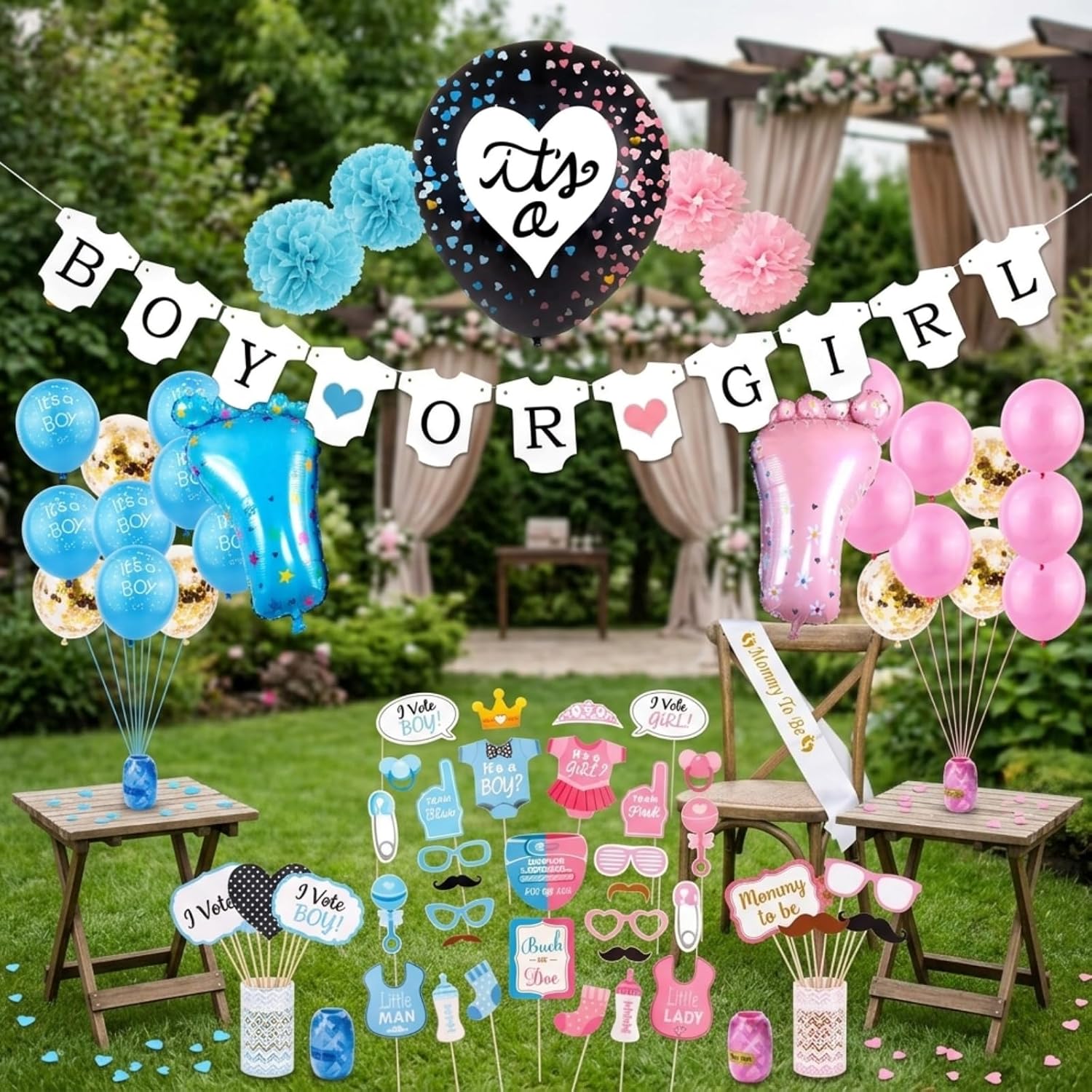 Gender Reveal Party Supplies Kit with Baby Shower Decorations (65Pcs)