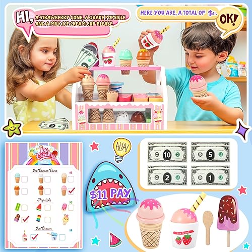 Miniatura 5 de Juguete de helado, juguetes de helado de madera para niños pequeños, juguetes de cocina de simulación, juguetes de comida de cocina, juego de tienda
