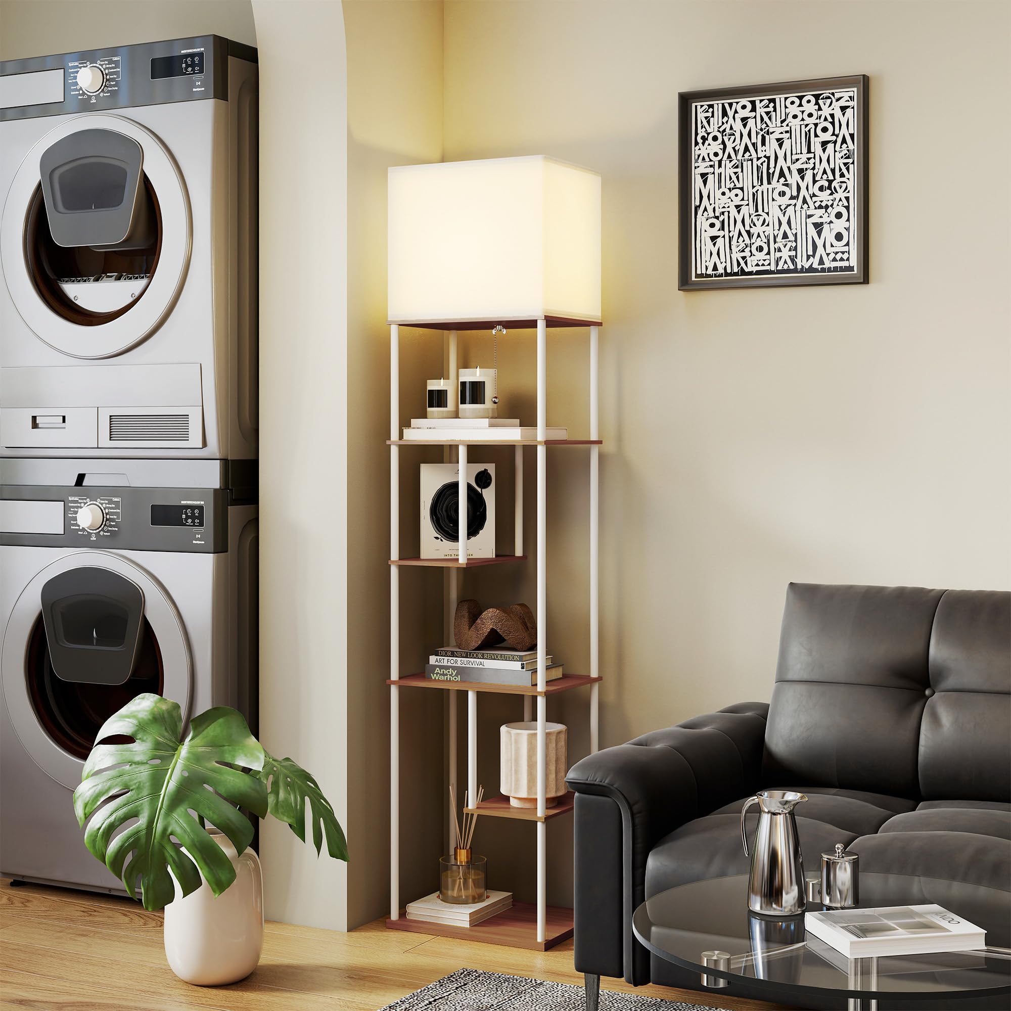 HOMCOM Lámpara de Pie con Estantes, Lámpara Salón con Brillo y Temperaturas de Color Ajustable 3000K-6500K, Control Remoto, Temporizador, 5 Modos, Bombilla 9W Incluida, Portalámparas E27, Natural
