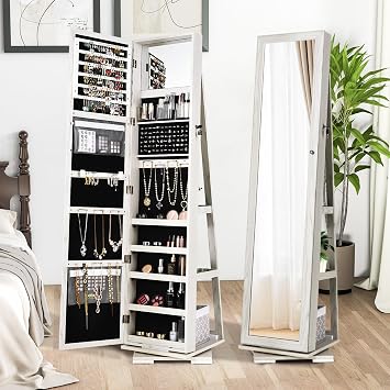 GOFLAME 360 Rotating Jewelry Armoire, Lockable Jewelry Cabinet with Full-Length Mirror & Inner Makeup Mirror, Standing Jewelry Storage Organizer with Rear Storage Shelves, White