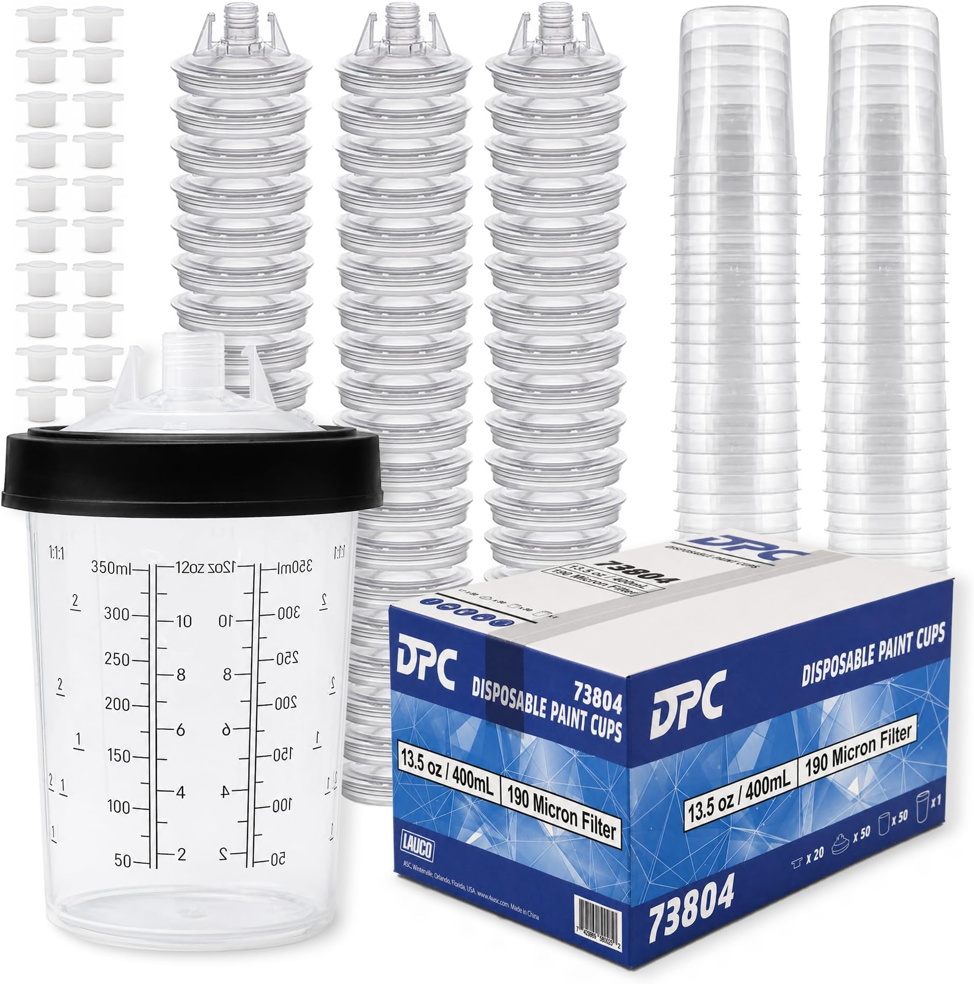 LAUCO Disposable Paint Spray Gun Cups Liners 400ml | 13.5oz |190 Micron with Lid System 50 Cup Liners, 50 Lids, 1 Hard Cup w/Retainer Ring and 20 Plugs - Compatible w/Original 1.0 System