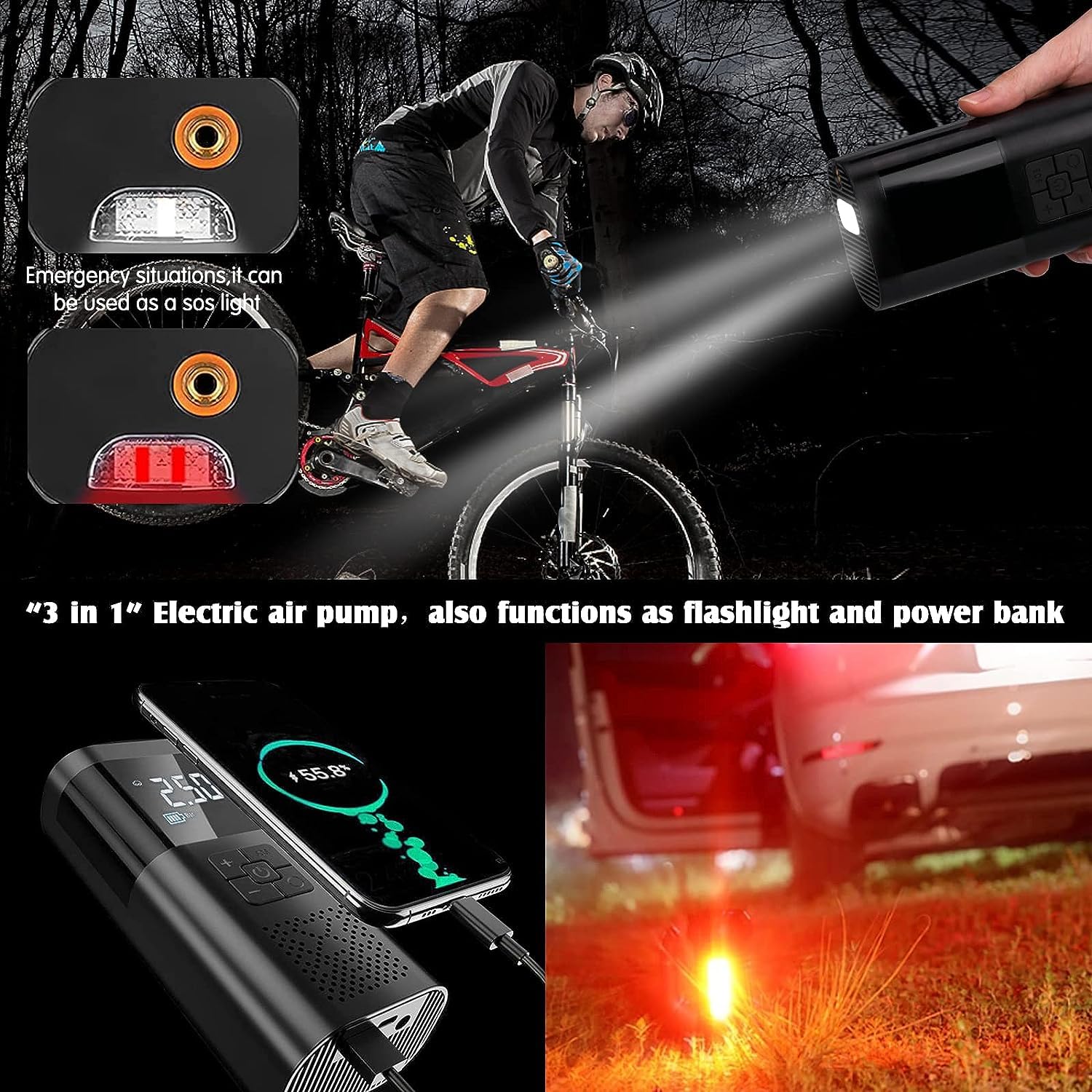 Mini Compressore Aria Portatile Auto, 6000mAh 150PSI Compressore Portatile Gonfiatore Bici Elettrico con Sensore Pressione, Schermo LCD Digitale e Luce LED, 4 Modalità per Auto, Moto, Bicicletta
