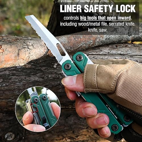 Miniatura 3 de WORKPRO Alicates multiherramienta 18 en 1, multiherramienta EDC de acero inoxidable con cuchillo de bolsillo, 2 cerraduras de seguridad, clip para