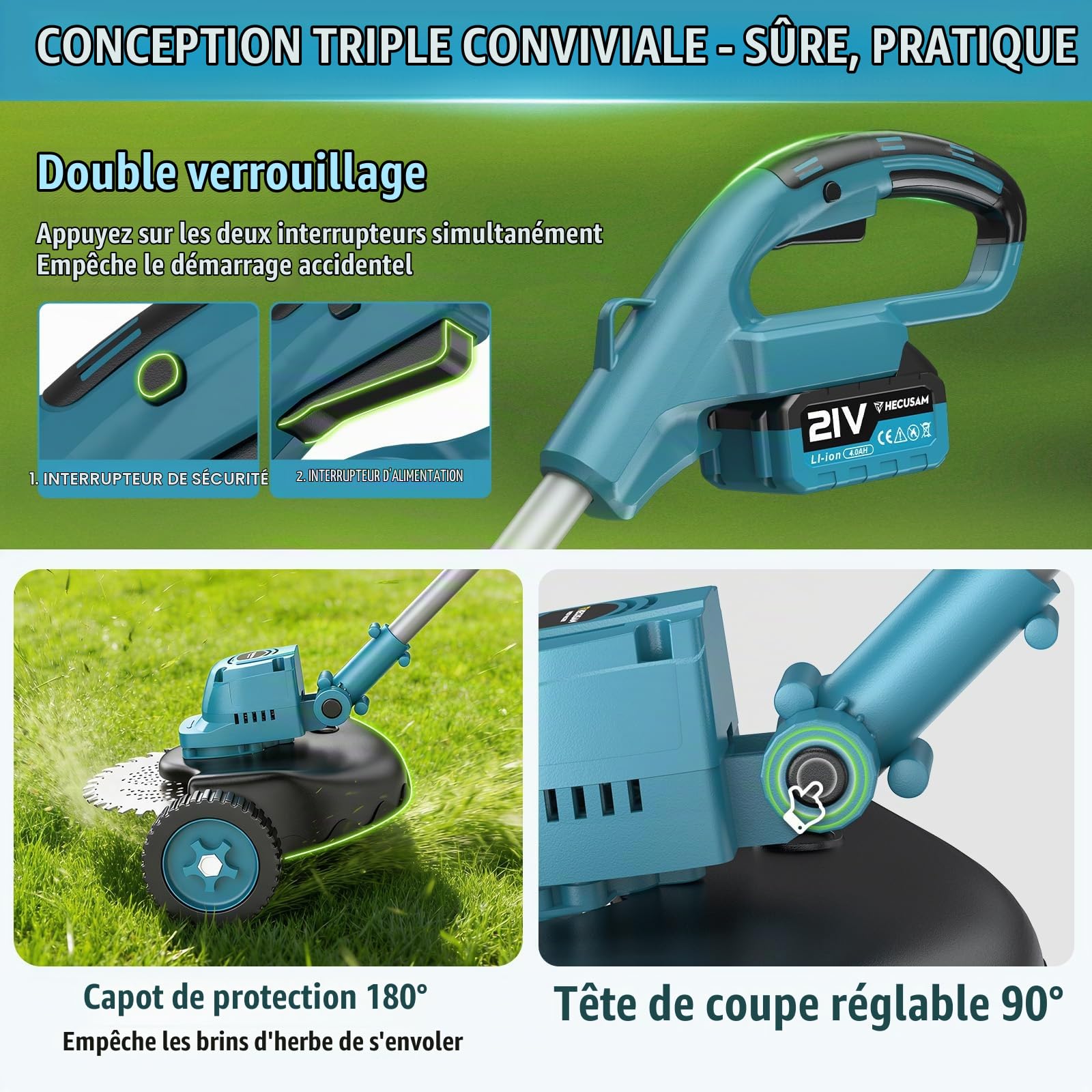 Débroussailleuse Électrique sans Fil 4-en-1 avec 2 Batteries 4,0 Ah, Moteur sans Balais, Coupe Bordure sans Fil avec 4 Types Lames Efficace, Tête Pivotante 90° pour Tondre Le Gazon