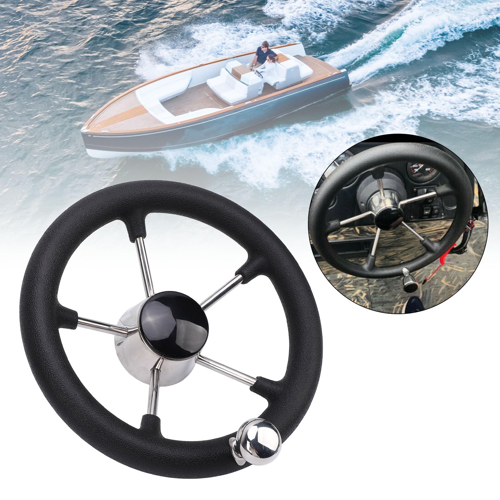 Volante para Barco de 11 Pulgadas, 5 Radios, 25 Grados, Acero Inoxidable 304 Volante para Barco de 11 Pulgadas, 5 Radios, Acero Inoxidable 304 de 25 Grados con Agarre de Espuma para Barcos,
