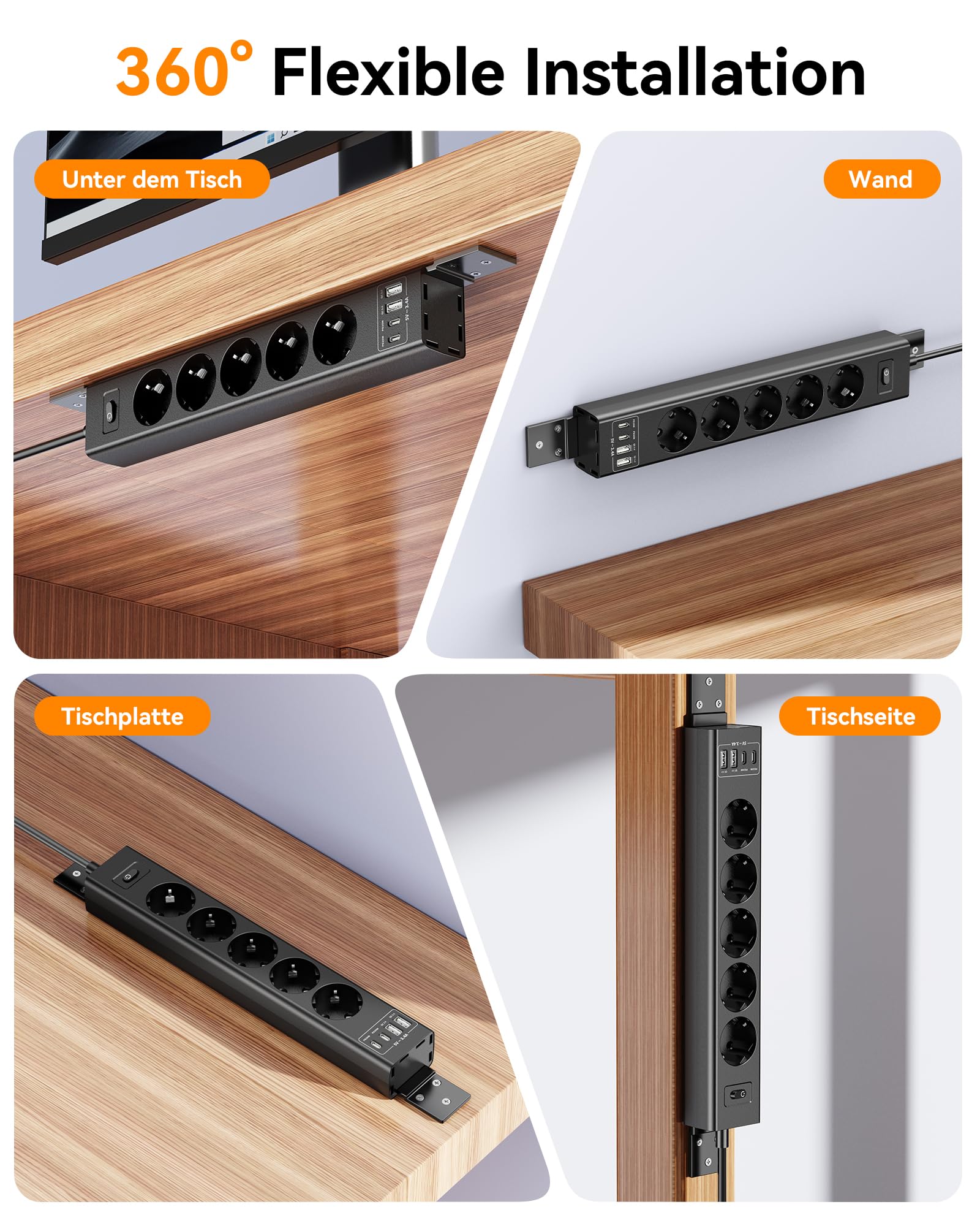 Ciabatta elettrica montabile a 360° con 4 porte USB (2 x USB-C), cavo di prolunga da 2 m, ciabatta avvitabile per parete, scrivania, angolo e montaggio sottopiano
