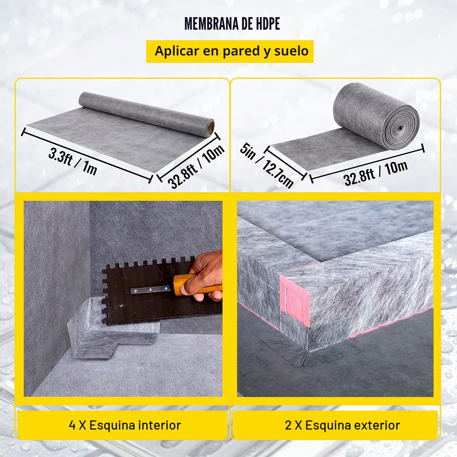 VEVOR Kit Plato de Ducha Umbral de Ducha Estanco 1219 x 1219 mm con Desagüe Central de PVC Rejilla de Acero Inoxidable de 10 cm 2 Bordes de Ducha Cortables y Llana Plato de Ducha para Baño