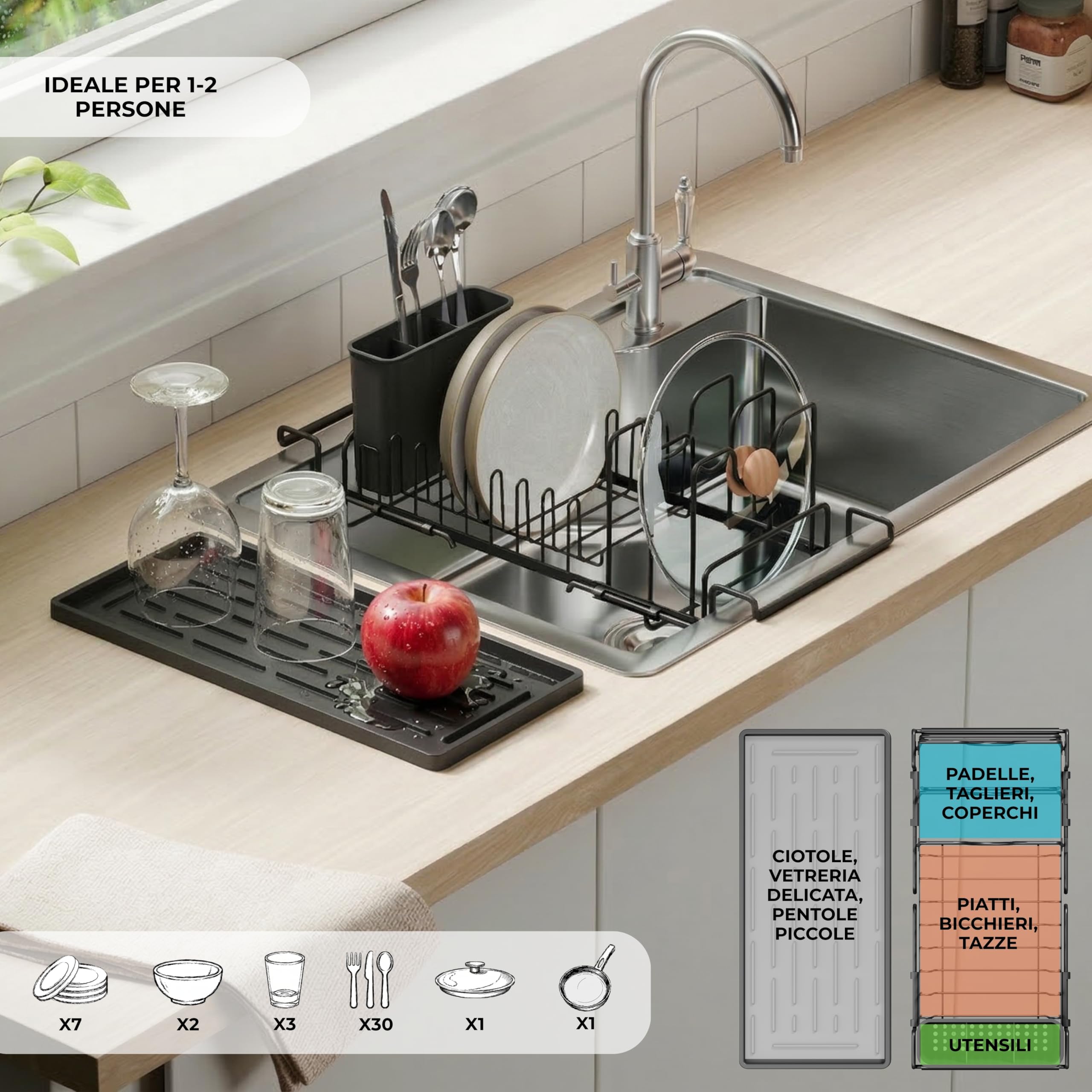 Erreke Scolapiatti Estensibile sopra il Lavello con Tappetino in Silicone Multiuso, Scola Piatti Regolabile in Acciaio Inox, Portaposate, 17,6 x 38-50 cm, Nero | Scolapiatti da tavola. Scolapiatti regolabile in acciaio inox. Porta posate. Guadagno posto