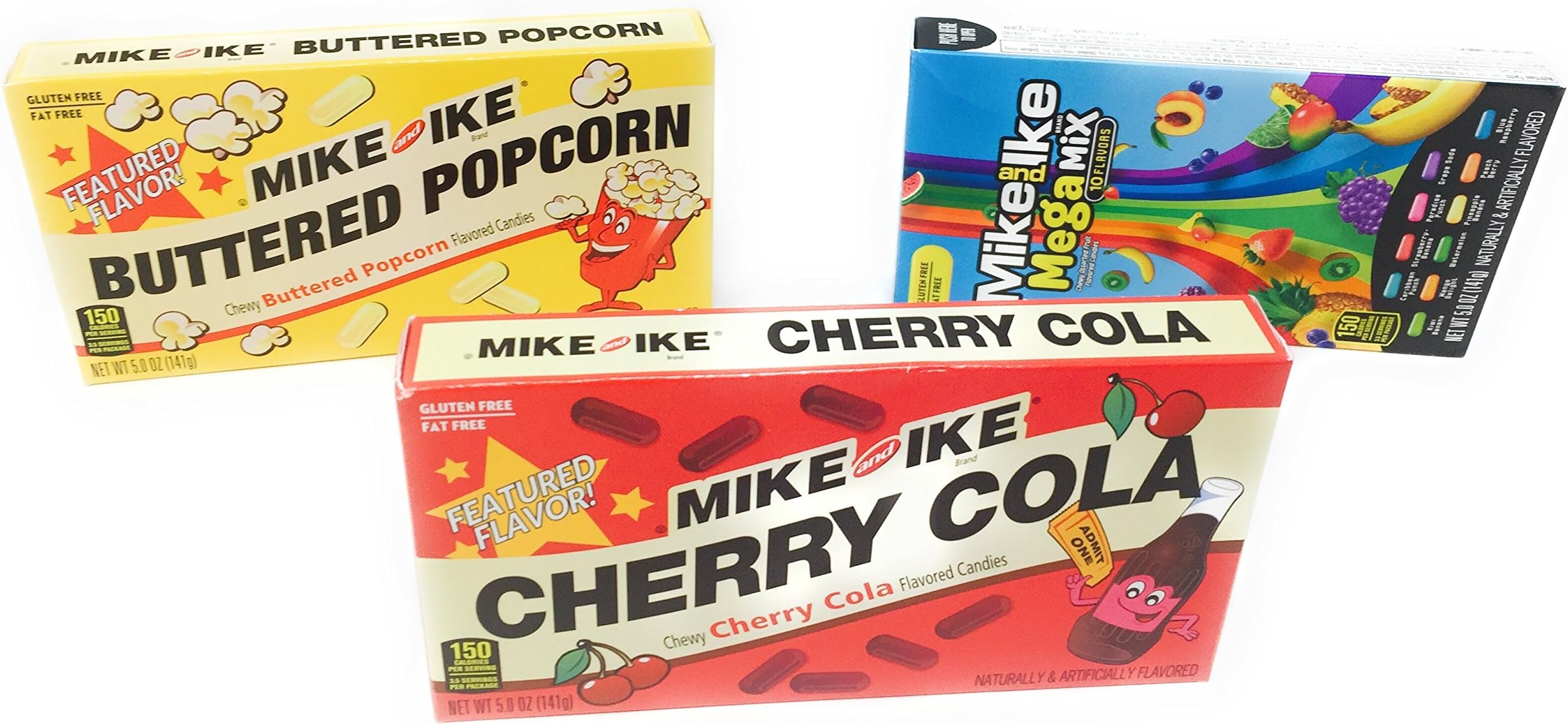 Mike and Ike Movie Bundle - 3 Items with Buttered Popcorn Flavor, Cherry Cola Flavor and the Mega Mix
