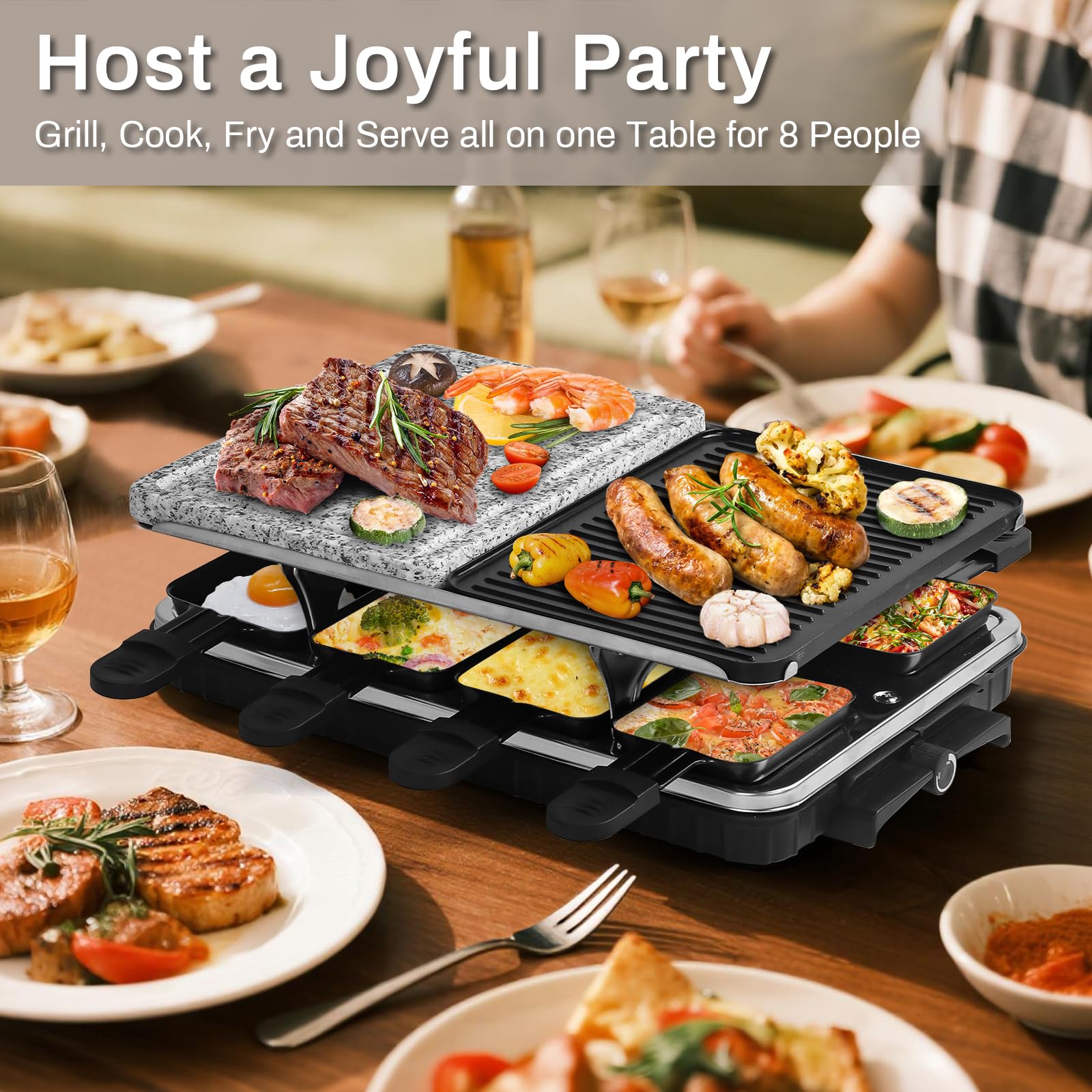 HengBO Raclette 8 Personas - Raclette Grill Electrico con Piedra para Asar Carne, Plancha Antiadherente Reversible y 8 Sartenes, Parrilla Electrica Barbacoa Sin Humo para 6 8 10 Personas, 1300 W