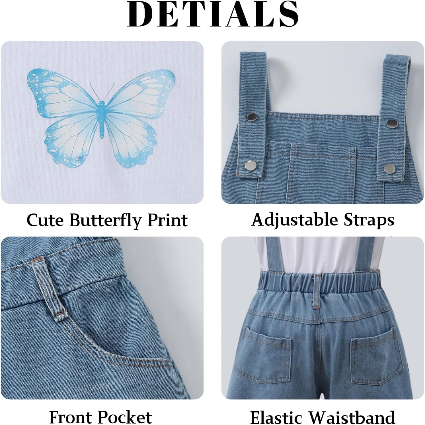 Girls Clothes Summer 2PCS Butterfly Print T-Shirt Denim Overalls Shorts Rompers Clothing Set Size 6-12 Years