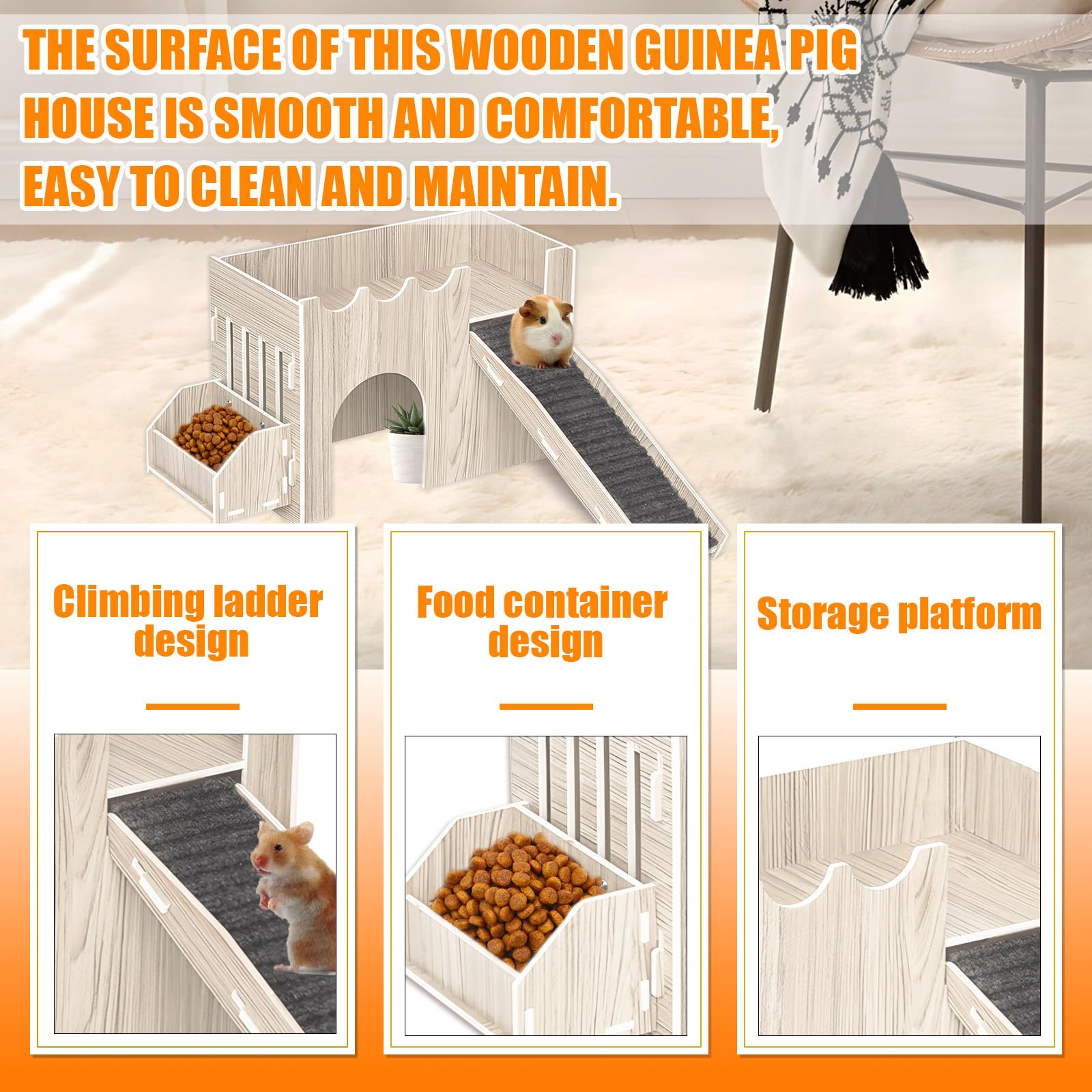 Guinea Pig Hideout House, Wooden Guinea Pig Castle with Feeding Basin - Image 4