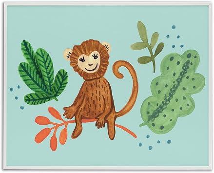 Cute Monkey Sitting Plants Leaves Illustration| Framed Giclee Art