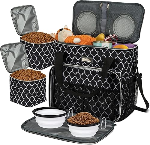 BAGLHER Bolsa de viaje para perros, bolsa de viaje para mascotas (todos los suministros de viaje para mascotas), con 2 recipientes de comida para