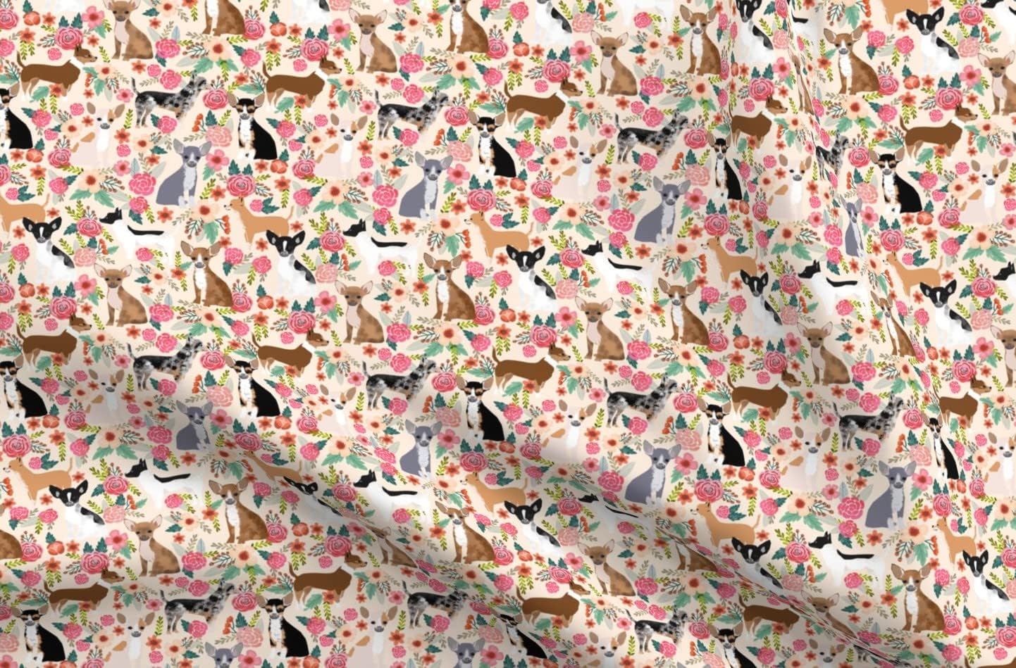 Spoonflower Fabric - Chihuahua Dogs Cute Florals Vintage Printed on Upholstery Velvet Fabric Fat Quarter - Upholstery Home Decor Bottomweight Apparel