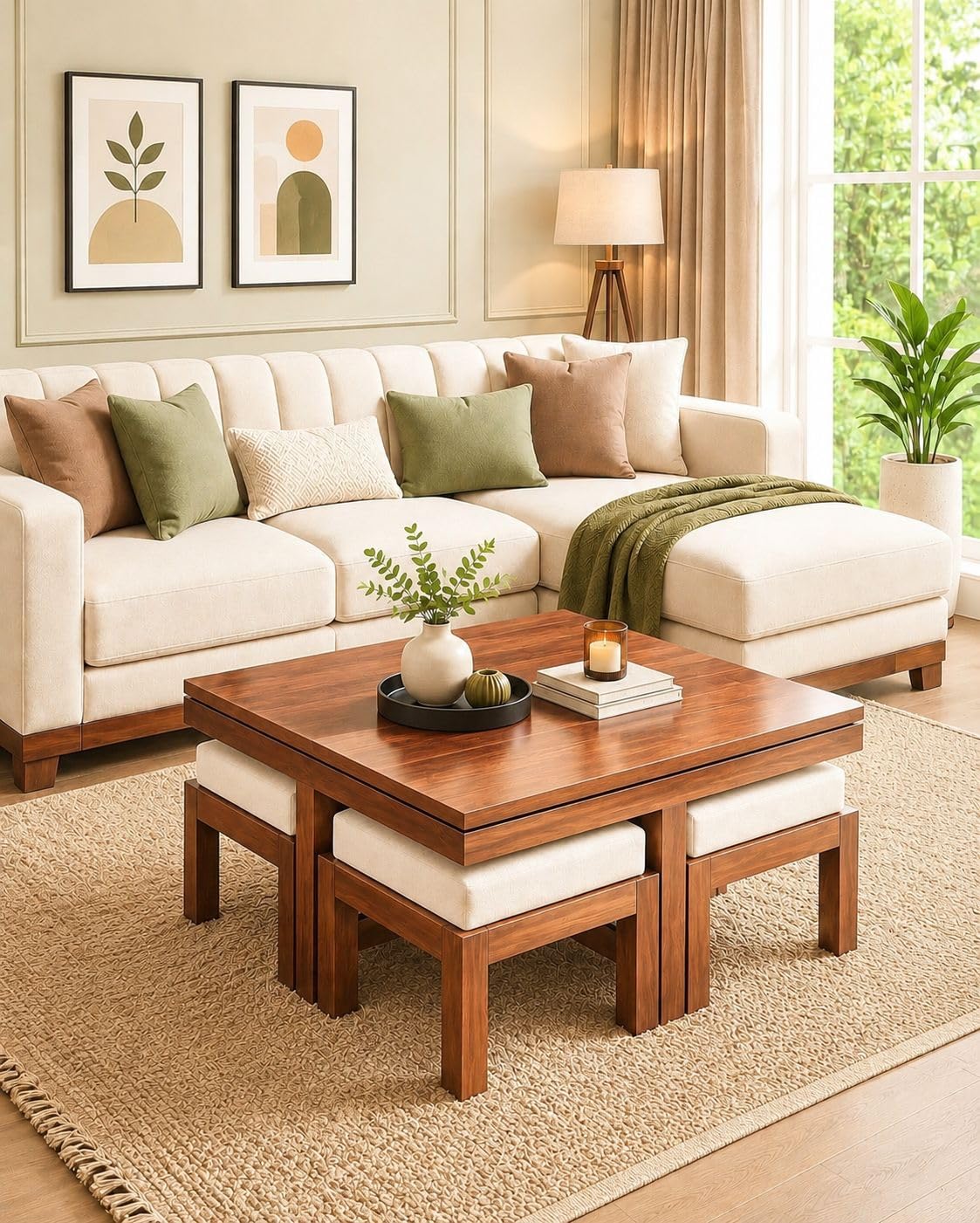 AASALIYA Art Solid Sheesham Wood Coffee Table with 4 Stool | Square Centre Table with Stool | Center Table with 4 Stools for Living Room | Patio Table with 4 Puffy for Home | Rosewood, Natural Teak
