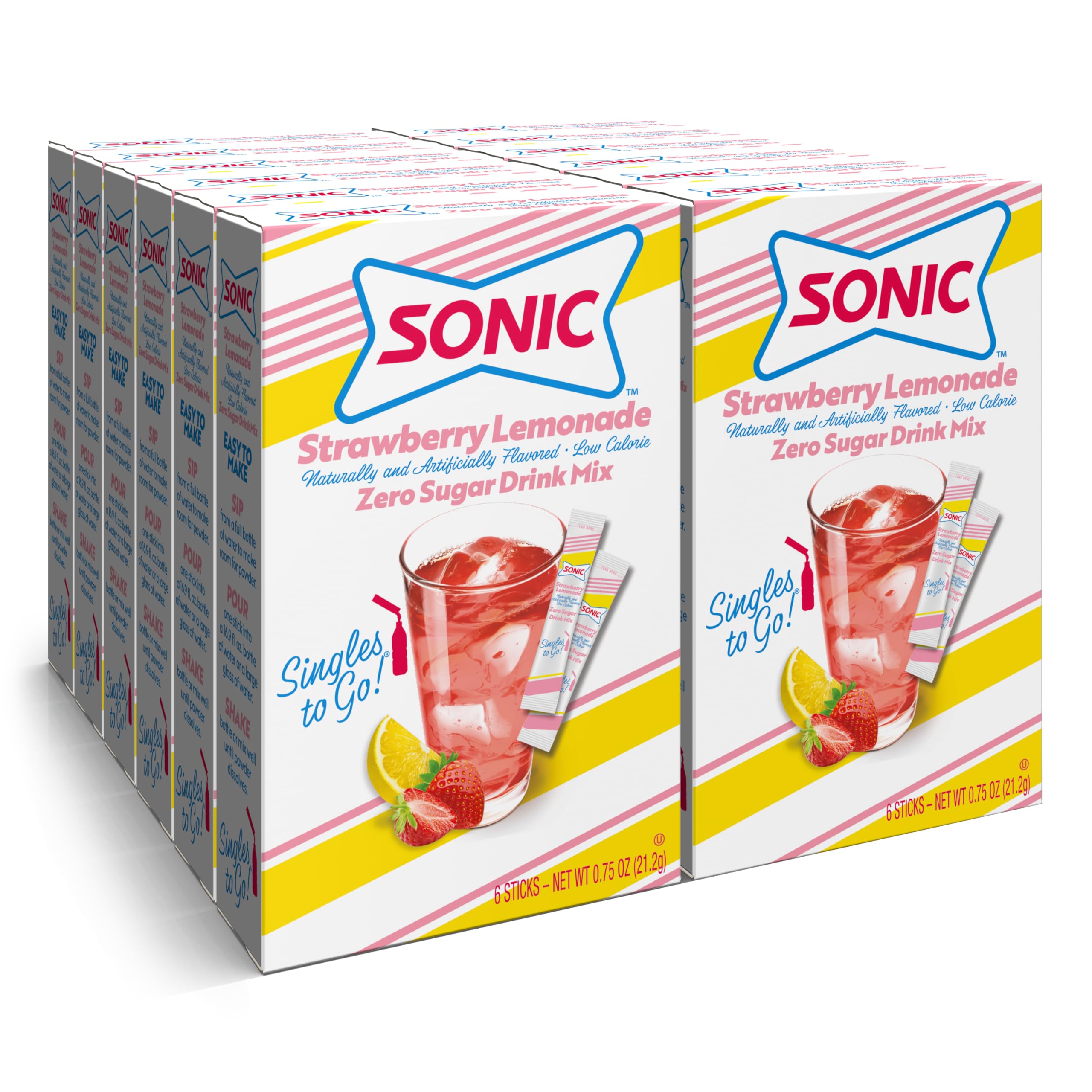 SINGLES TO GO! Sonic Go Powdered Drink Mix, Strawberry Lemonade, 6 Sticks Per Box, 12 Boxes (72 Sticks tal)