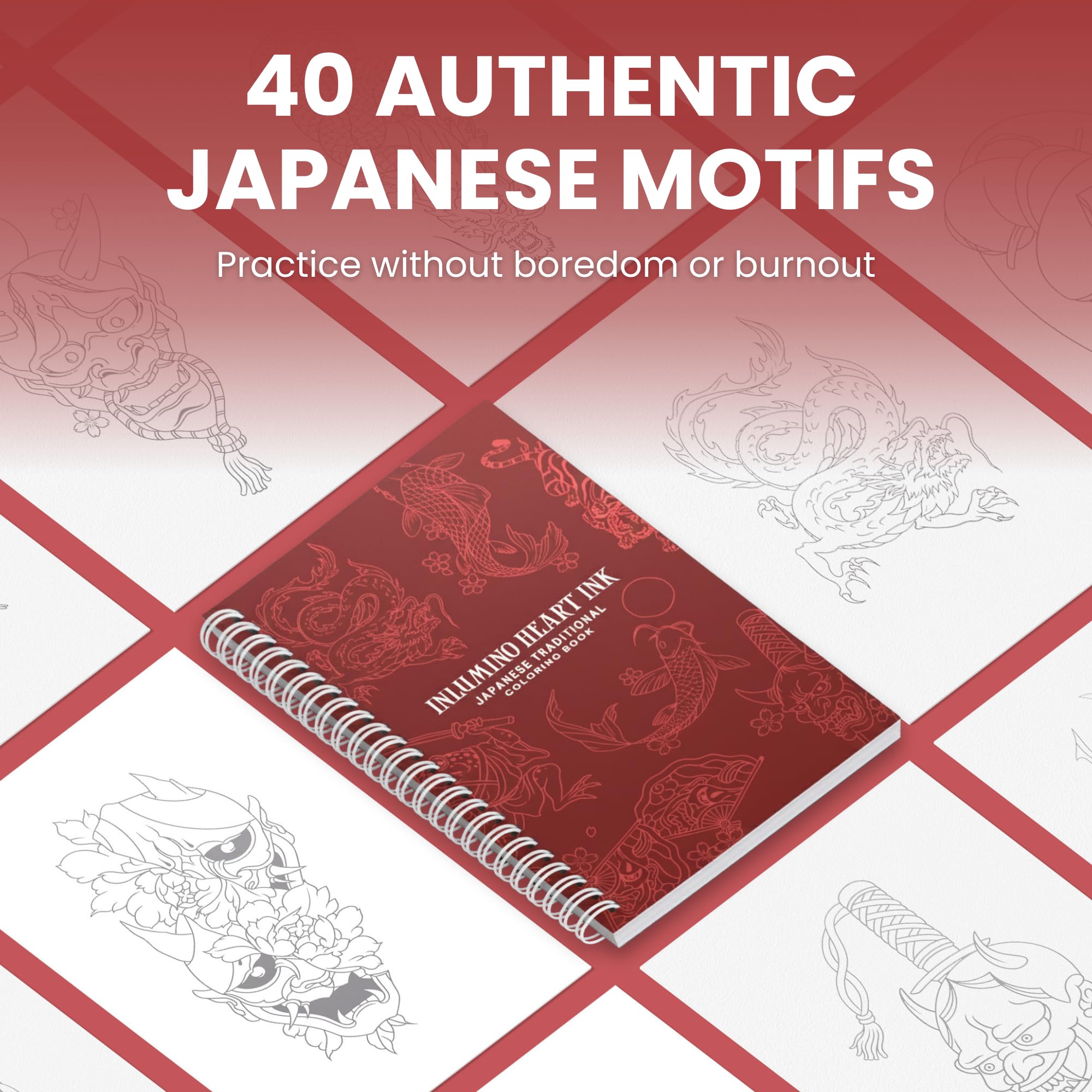Inlumino Heart Ink Libro de práctica de tatuajes para colorear: tradicional japonés, libro de arte encuadernado en espiral con 40 diseños en páginas texturizadas de 240 g/m², uso con cartuchos de
