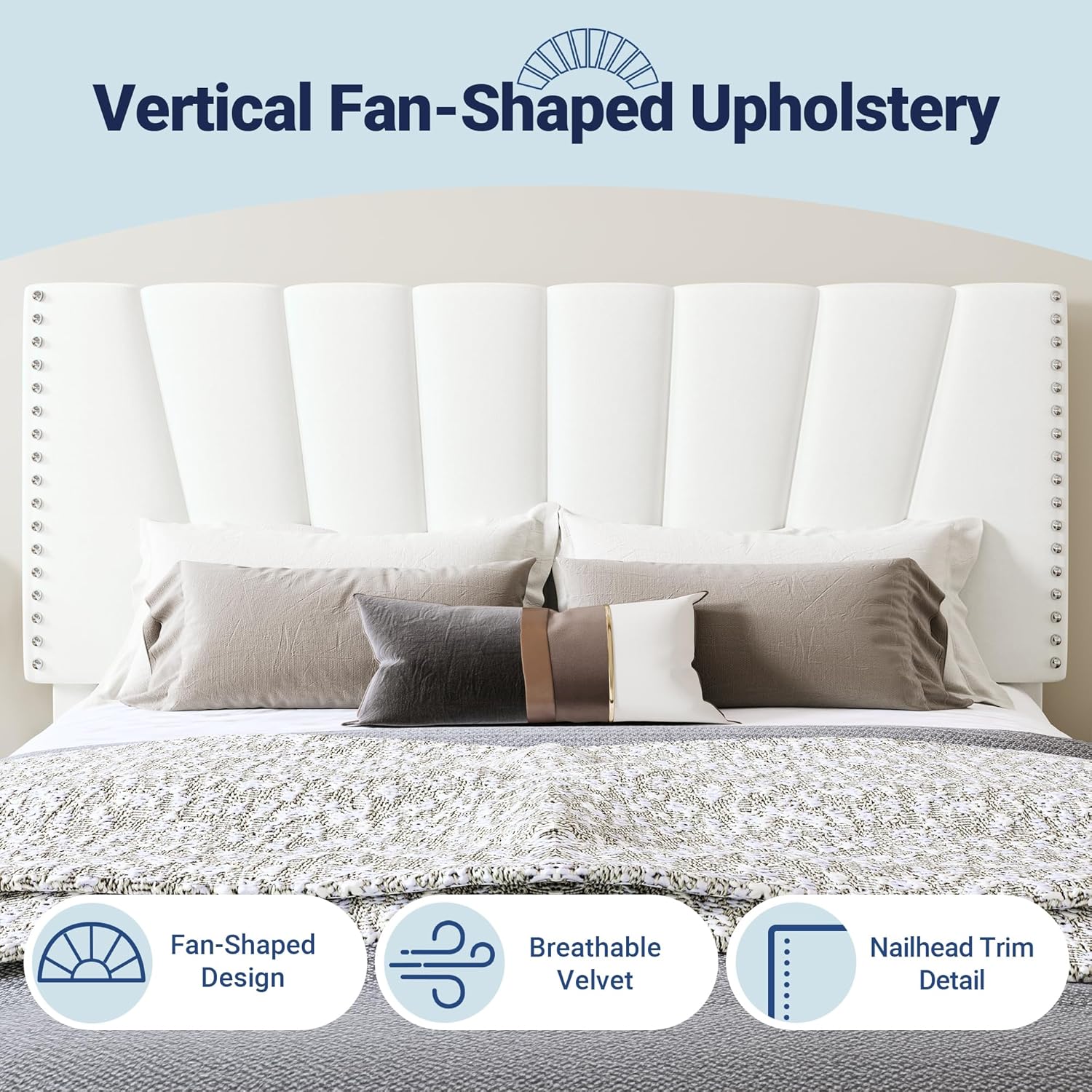 Allewie King Size Bed Frame with Adjustable Velvet Upholstered Headboard, Rivet-Style Nailhead Trim Detail Platform Bed Frame, Wooden Slat Support, No Box Spring Needed, Easy Assembly, White