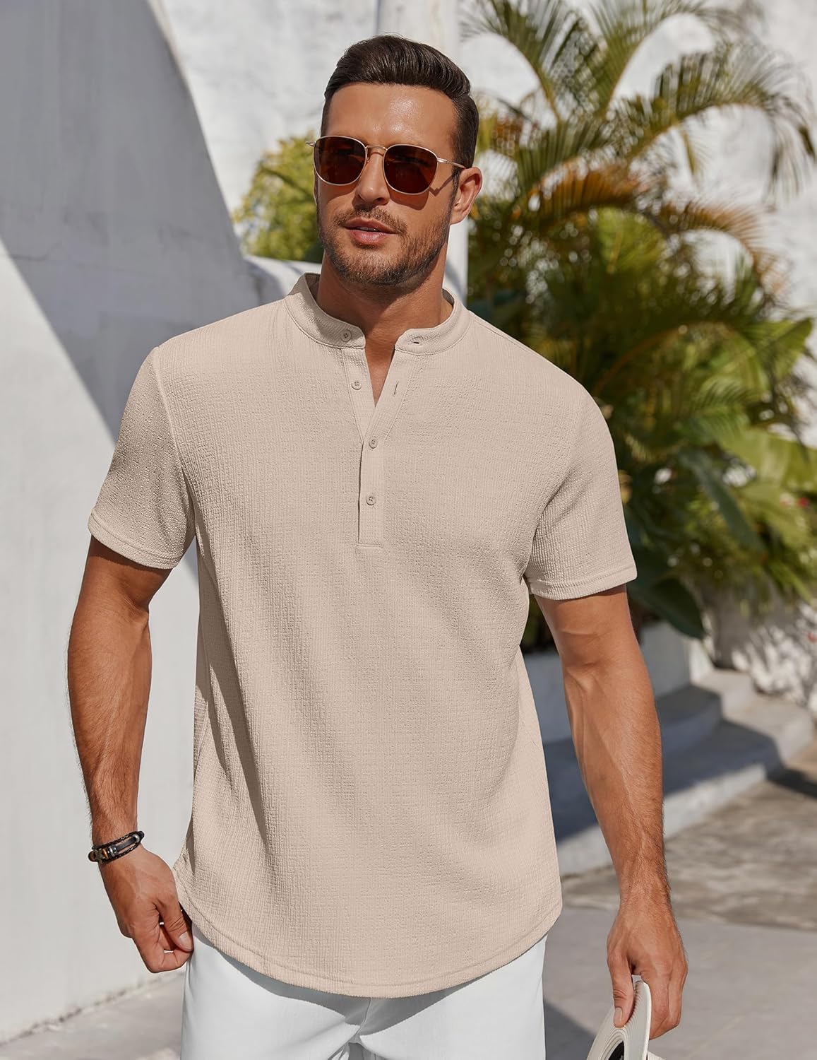COOFANDY Men's Henley Shirt Short Sleeve Stand Collar Summer Casual Beach Hippie T-Shirts - Image 2
