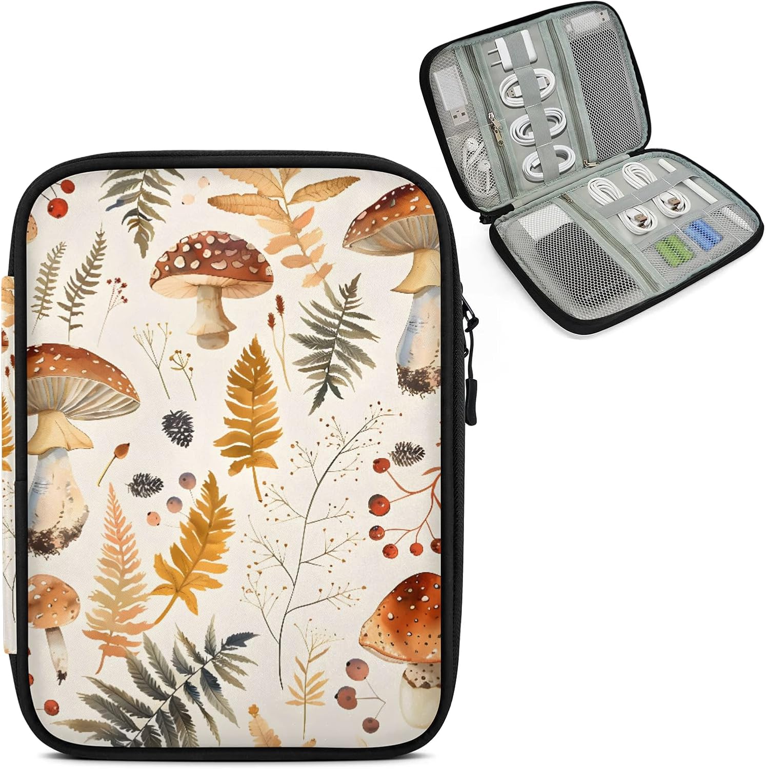 Retro Mushroom Electronics Travel Organizer Case, Flower Plant Tech Organizer Pouch Cord Storage Bag for Phone, Cable, Charger, Accessories