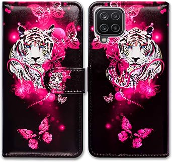 Bcov Case for Galaxy A12, White Tiger Butterfly Leather Flip Phone Case Wallet Cover with Card Slot Holder Kickstand for Samsung Galaxy A12 2021