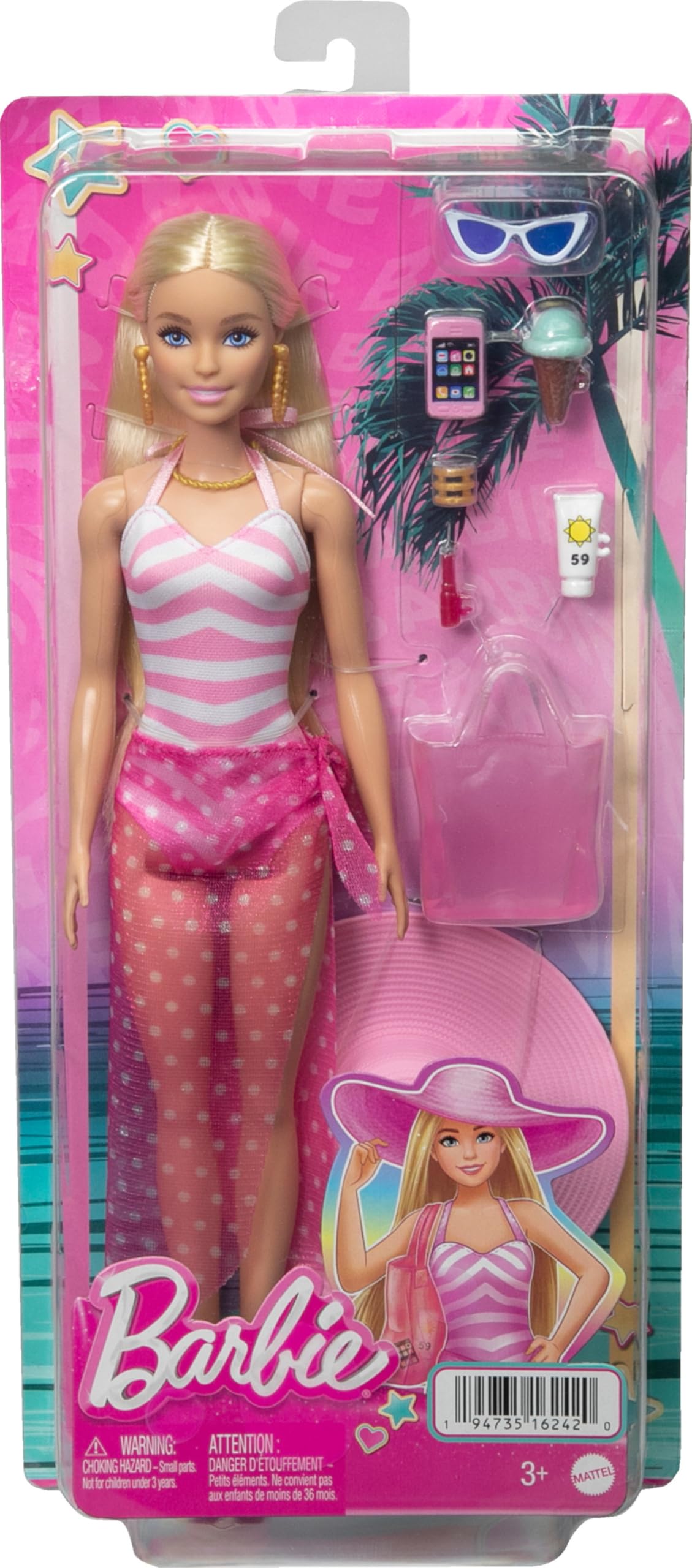 Barbie - Bambola bionda con costume da bagno rosa e bianco, pareo a pois, cappello da sole, tote bag e tanti accessori da spiaggia, giocattolo per bambini, 3+ anni, HPL73 (Confezione da 2)