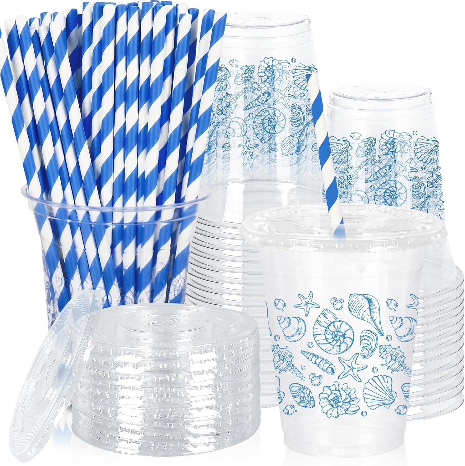 50Pcs 12Oz Blue Ocean Plastic Cups with Lids & Straws Seashell Starfish Disposable Clear Drinking Cups for Summer Beach Party Supplies
