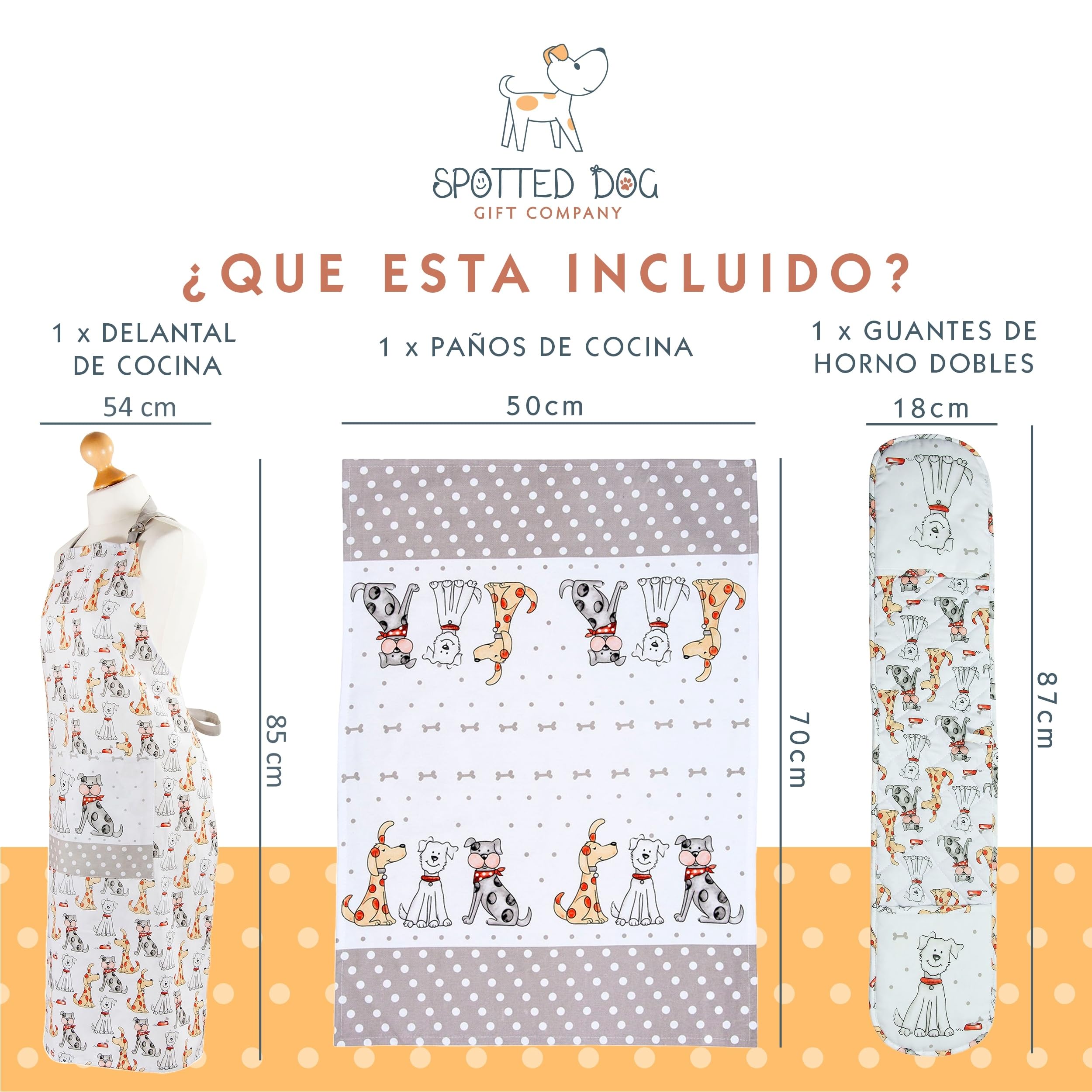SPOTTED DOG GIFT COMPANY Juego de Regalo de 3 Piezas con Delantal, Paño de Cocina y Guante de Horno Doble, Accesorios Cocina Originales de Perros Lindos, Regalos para Amantes de los Perros