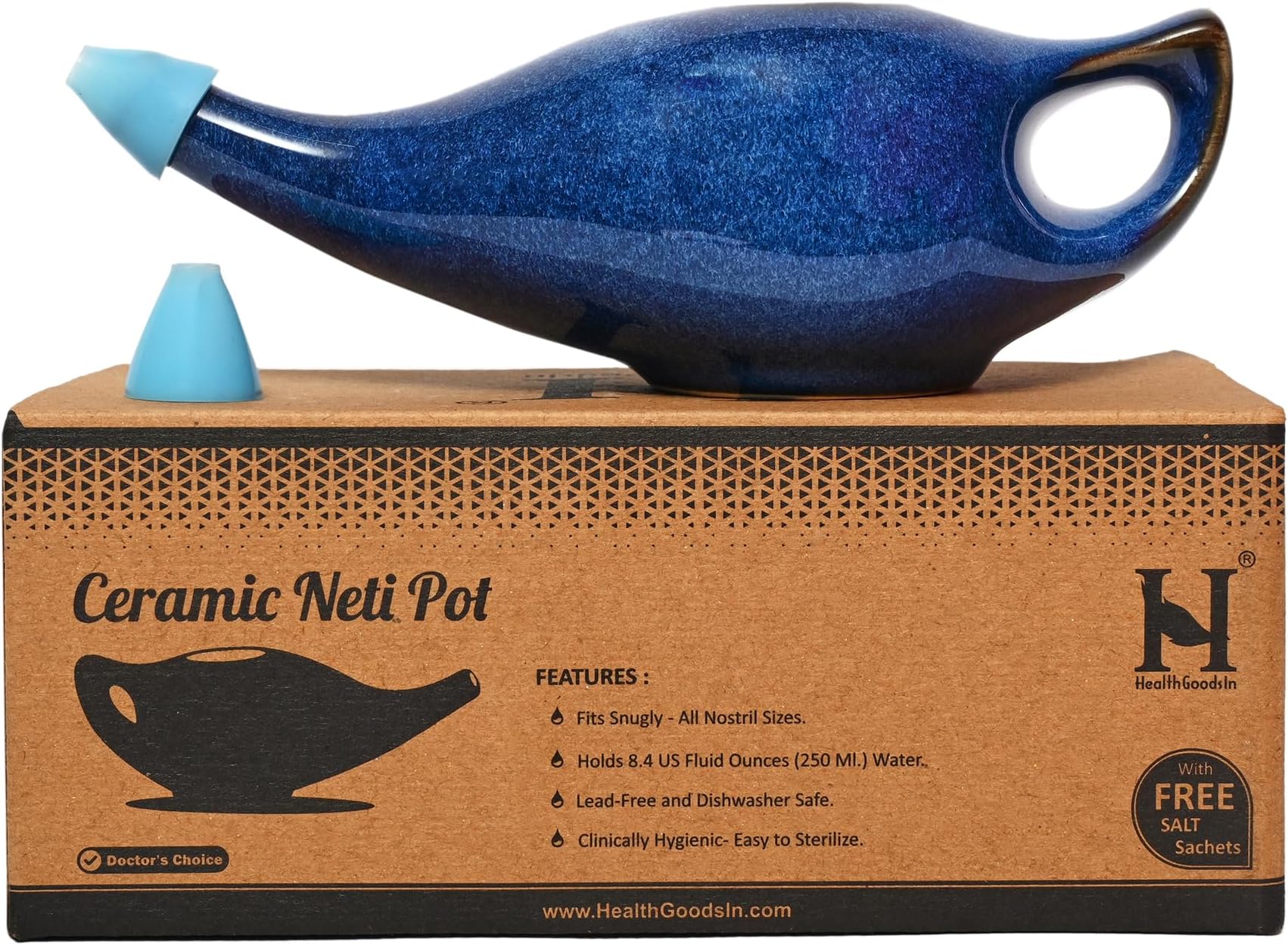 Ceramic Neti Pot, Premium Handcrafted Durable, Dishwasher Safe with 2 Silicone Nozzle Tip, 225 Ml. (7.6 FL Oz) Capacity (Elegant Blue Gradient)