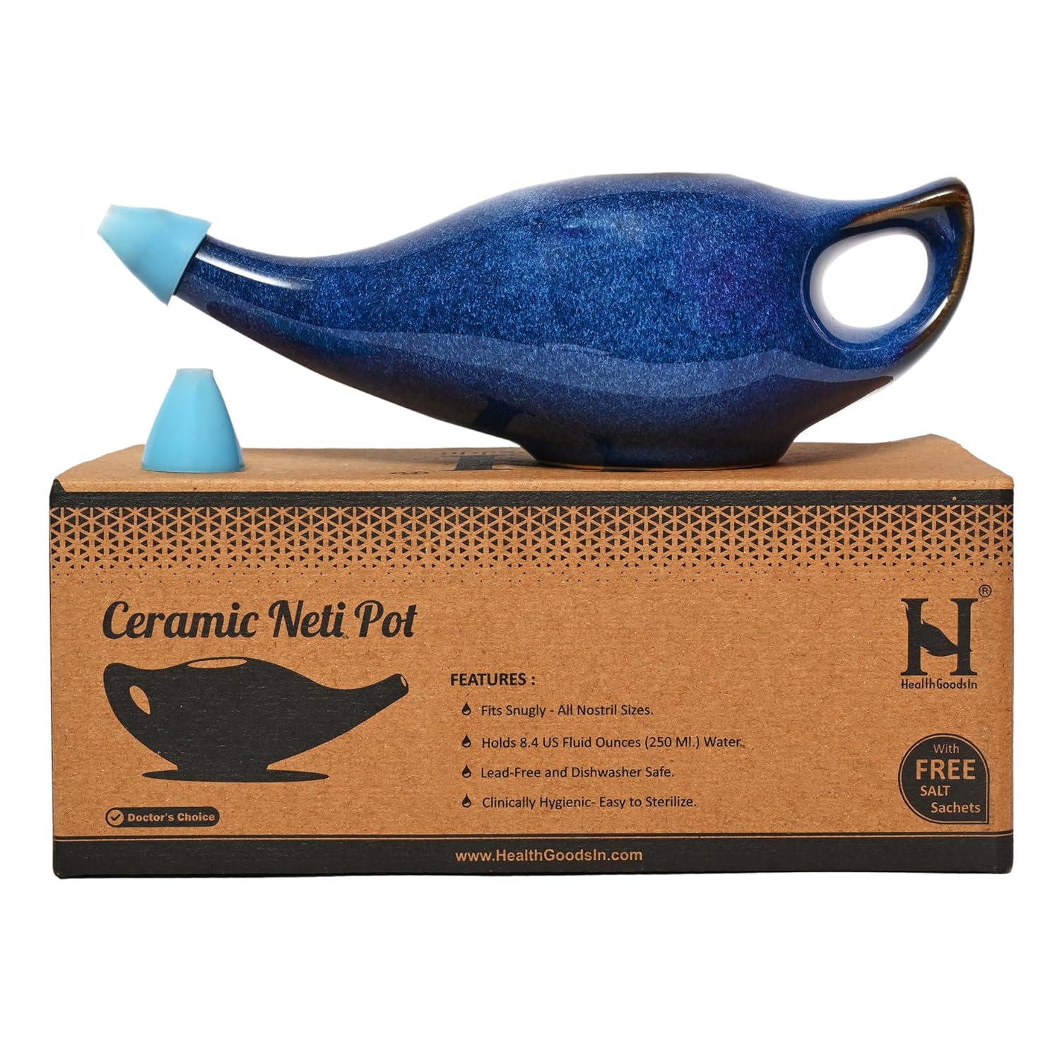 HealthGoodsIn Cerâmica Neti Pot 225 ML, Premium Artesanal e Durável, Lavável na Máquina com 2 Bicos de Silicone - Azul Gradiente Elegante