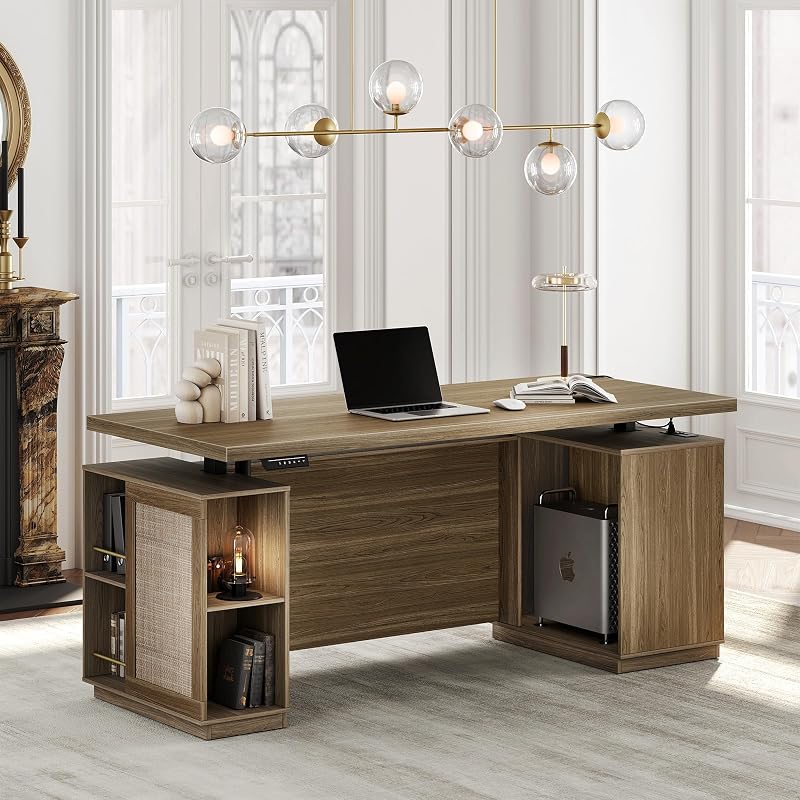70" Standing Desk with Storage, Executive Electric Height Adjustable Stand Up Desk with AC/USB, Privacy Panel, Large One-Piece Destop, Natural Oak
