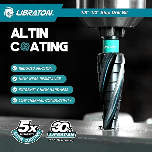 Miniatura 5 de LIBRATON Juego de brocas con paso de flauta en espiral, M35 cobalto Unibit 18"-12", brocas escalonadas revestidas AlTiN, cuatro flautas en espiral,