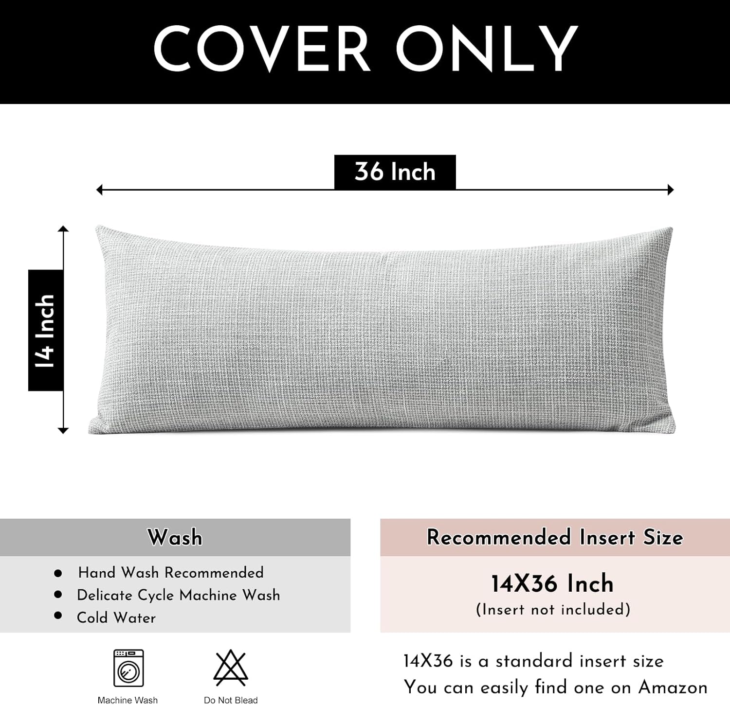 OTOSTAR Linen Throw Pillow Cover Set of 1 Decorative Long Lumbar Pillowcase Rectangle Cushion Cover 14x36 Inch for Home Decor Sofa Bedroom Car 35 x 90CM Light Grey