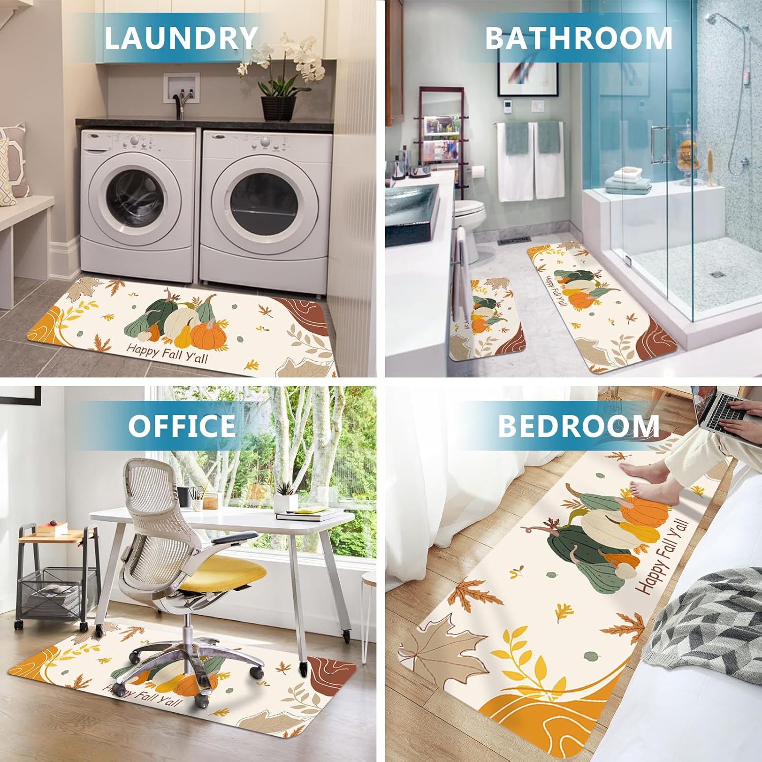 Thanksgiving Day 2 Pieces Kitchen Mats Floor Area Rug Set Mid Century Pumpkins Non-Slip Doormat, Indoor Water Absorbent Standing Runner Rugs for Home Decor Abstract Lines Art