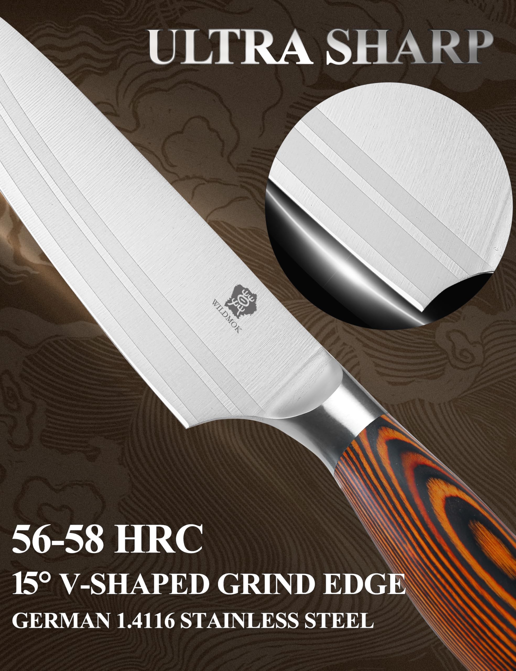 WILDMOK Set di coltello 7pc, Set di coltello tedesco Chef Chef, prezioso manico Pakkawood per Set di coltello da cucina