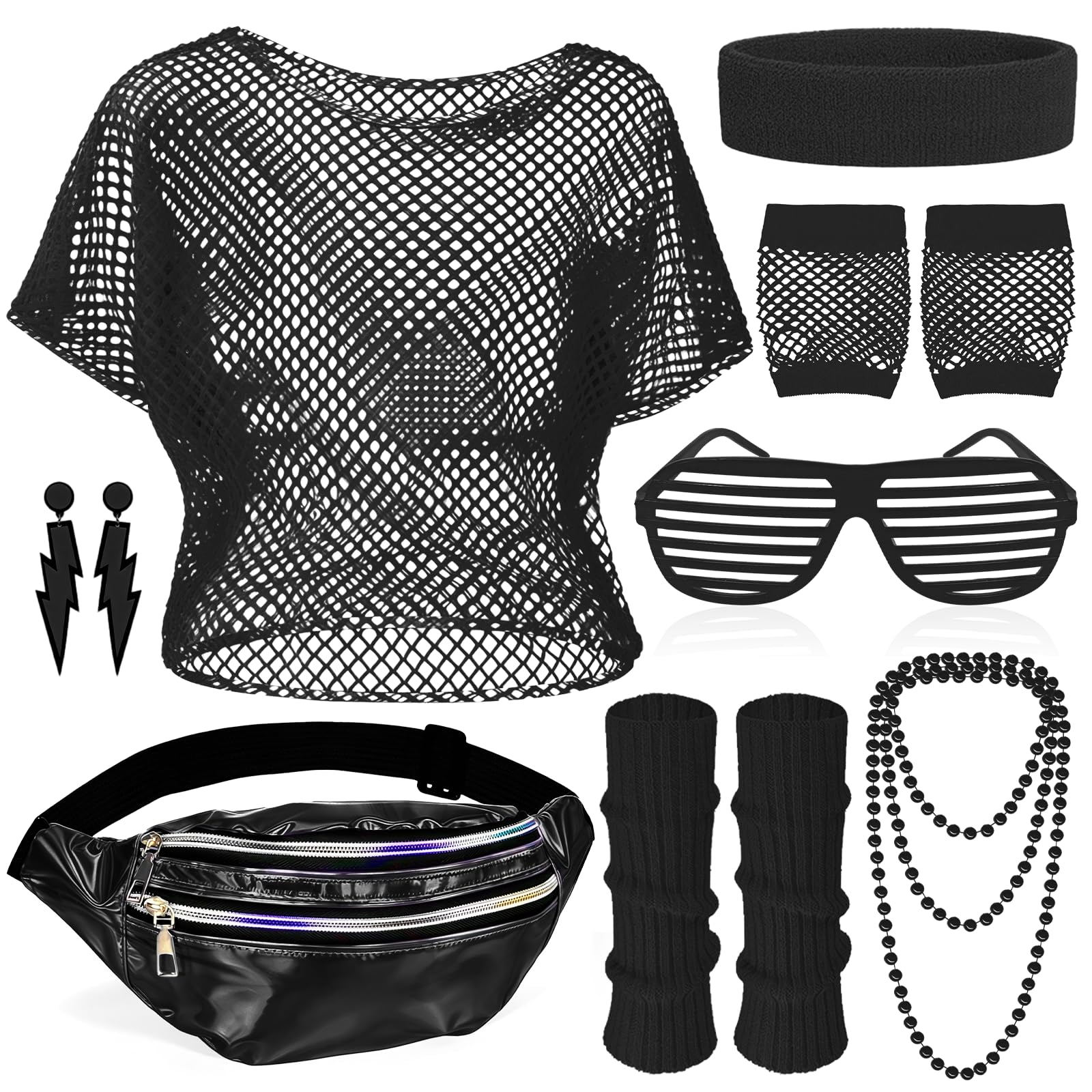 80s Fancy Dress for Women Neon Pink Outfit Set - 1980s Mesh Top Holographic Bum Bag Leg Warmers Fishnet Gloves Glasses Jewellery Ladies Retro Disco Hen Party Festival Costume Accessories (Black)