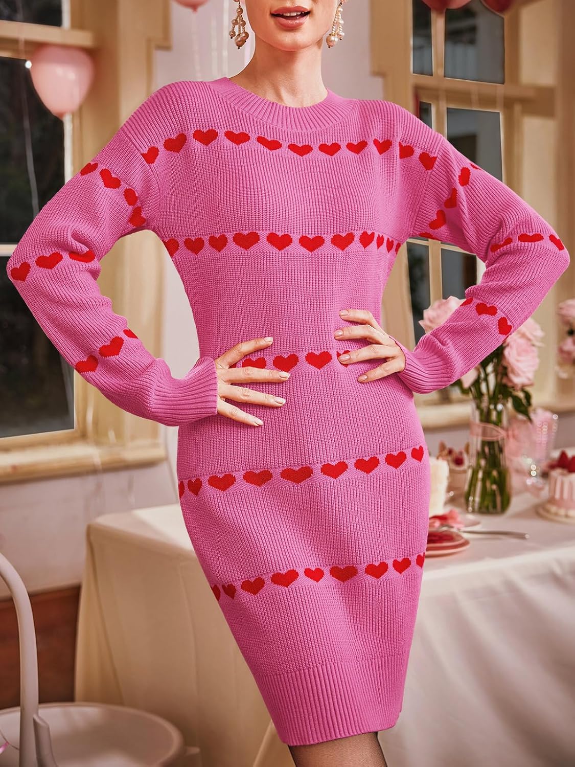 Wenrine Womens Long Sleeve Sweater Dress Fall Knit Heart Crewneck Cute Valentines Bodycon Mini Dresses - Image 3