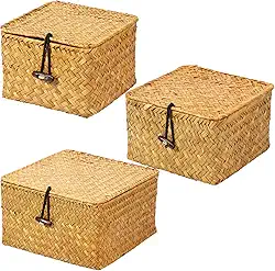 Pacote com 3 cestas de armazenamento de vime com tampas, caixas retangulares duráveis e empilháveis para prateleira, armário, quarto, poeira e sujeira