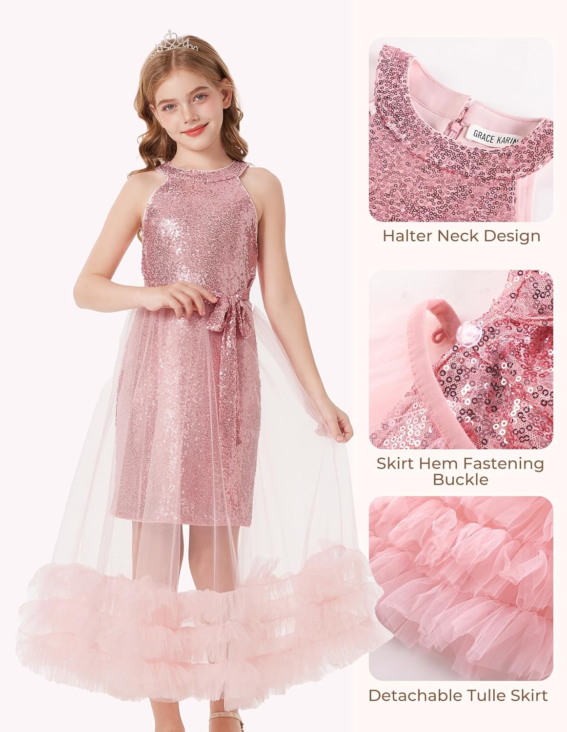 GRACE KARIN Girls Sequin Dress Sparkly Formal Party Pageant Halter Tulle Maxi Teen Prom Dresses for 7-14 Years
