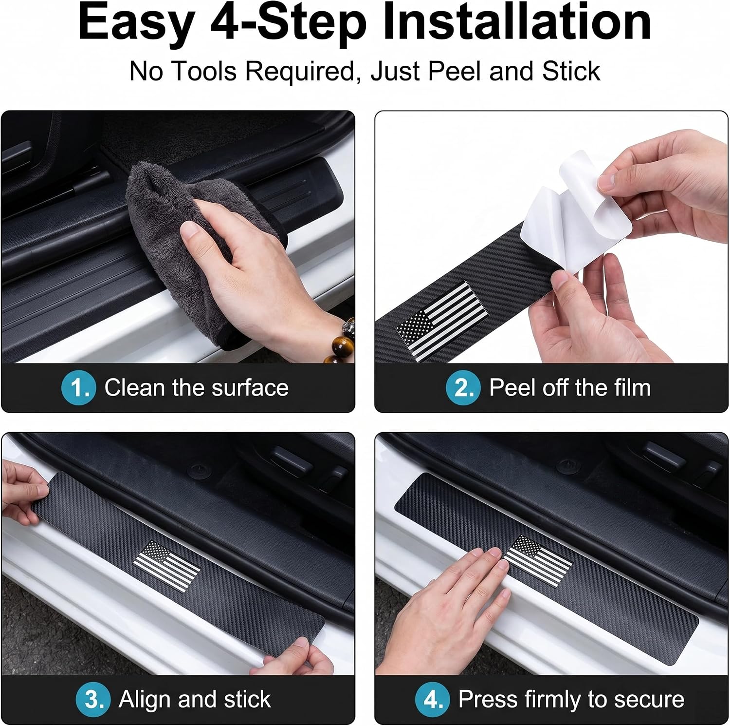 4 PCS Car Door Sill Protector, American Flag Carbon Fiber Door Entry Guard, Anti-Scratch Door Edge Protection Sticker, Self-Adhesive Exterior Decoration Accessories for Most Car (Black)