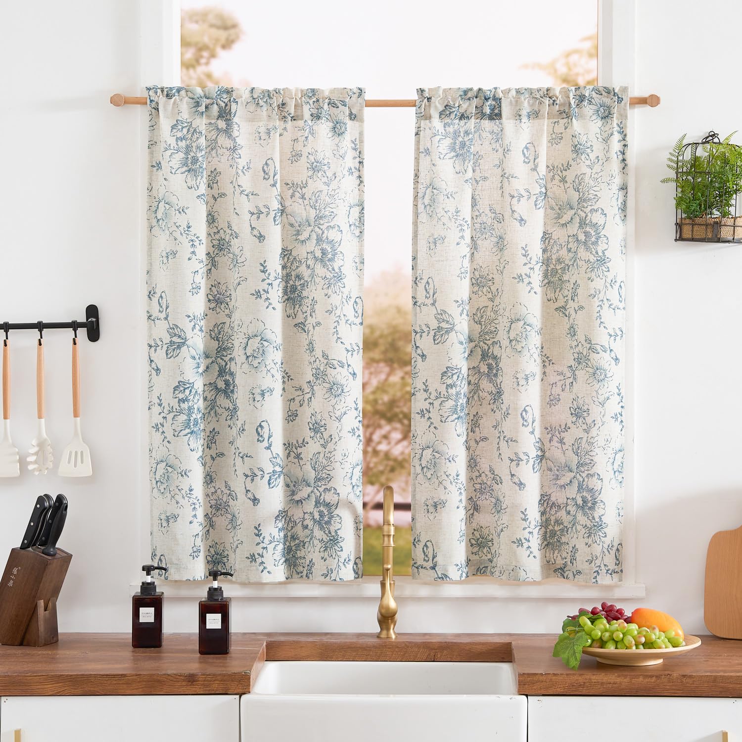 TOPICK Kitchen Curtains 45 Inch Drop, Blue Floral Linen Look Small Cafe Curtains, Rod Pocket Light Filtering Curtain Tiers for Cupboard Base, Sink, Basement, Bistro, W26 x L45 Inch