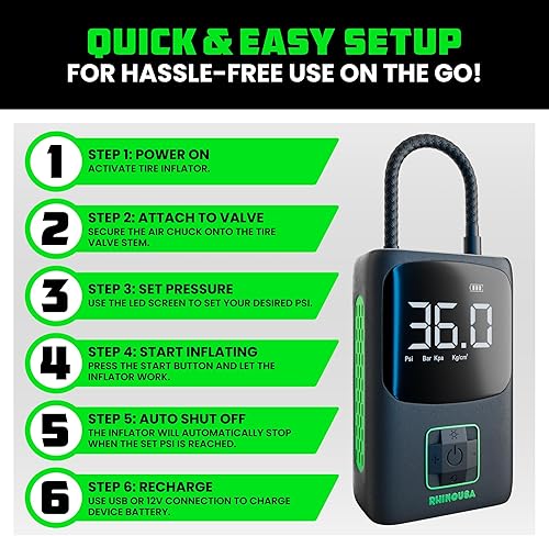 Miniatura 6 de Rhino USA Inflador de neumáticos compresor de aire portátil (150 PSI), bomba de aire mejorada para neumáticos de automóvil con medidor de presión