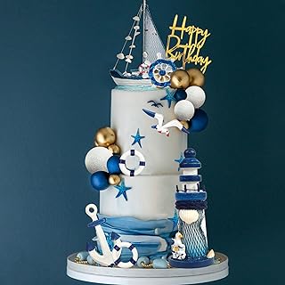 DRWATE Nautical Cake Topper Ship Lighthouse Blue White ball Cake Toppers...