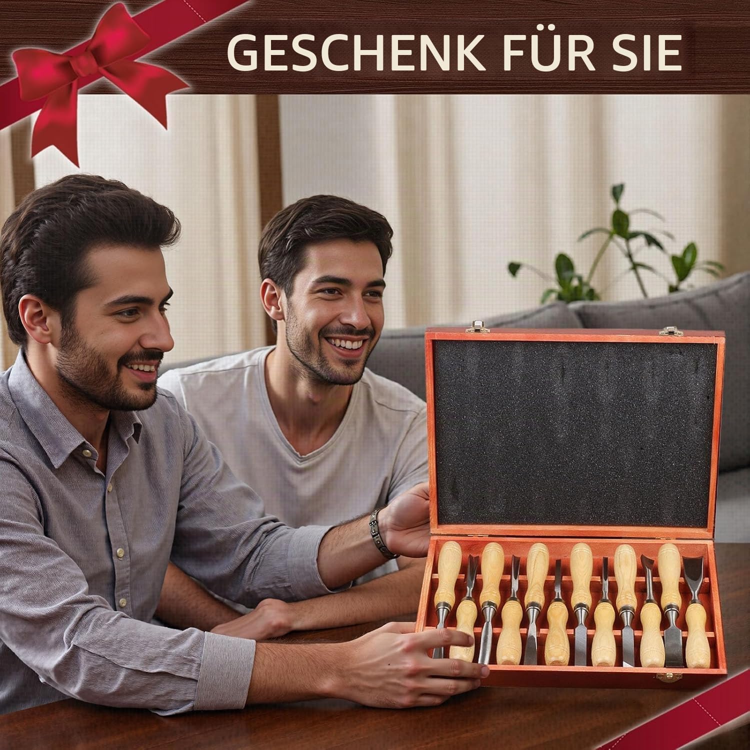 12-teiliges Holzschneidewerkzeug-Set aus 60Cr-V-Stahlklingen & hochwertiger Holz-Geschenkbox – Stecheisen-Set für Holzbearbeitung, geeignet für Anfänger und Profis