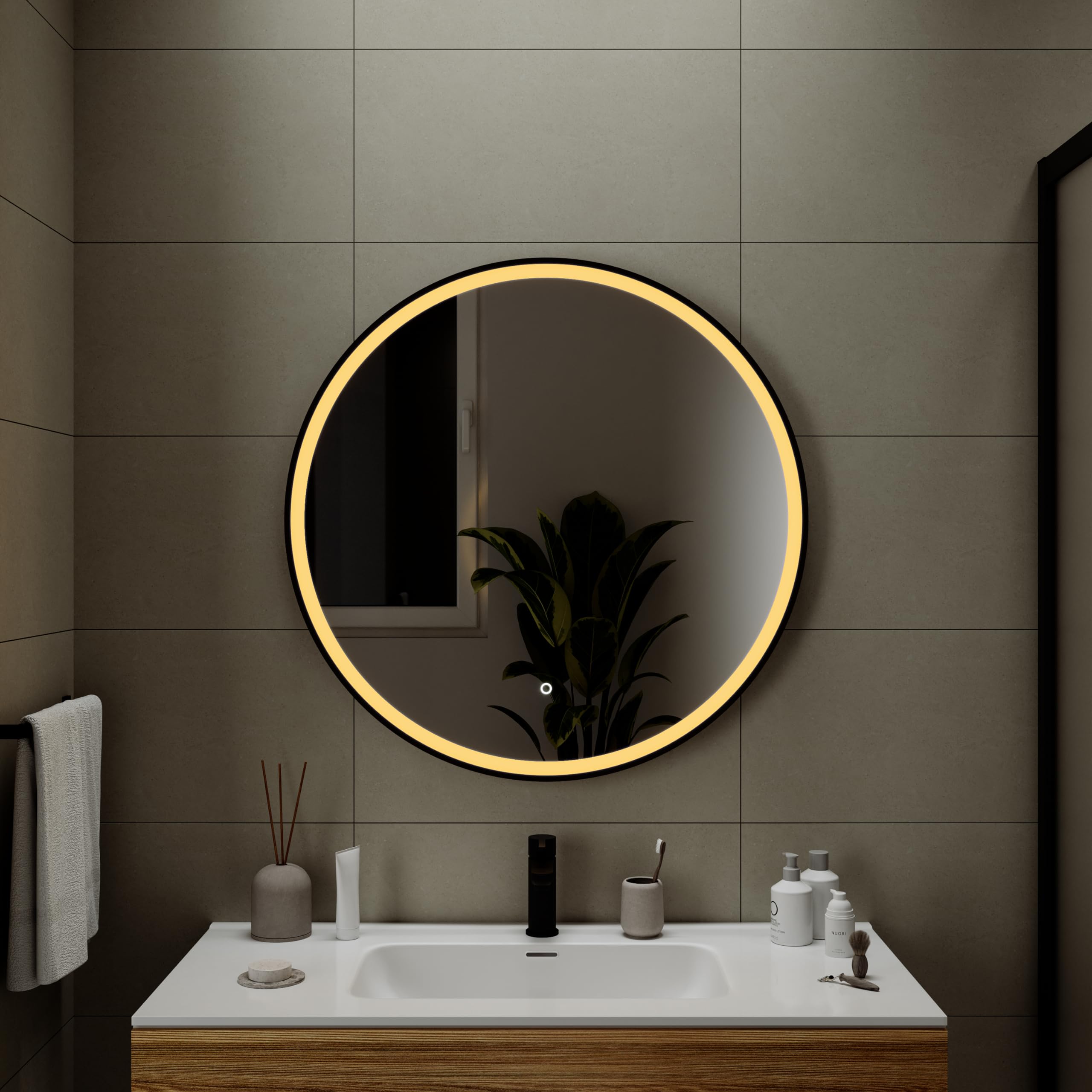 Specchio Rotondo A LED Per Bagno 700 Mm – Nero, Dimmerabile, Anti-appannamento, 3 Luci (calda, Naturale, Fredda)