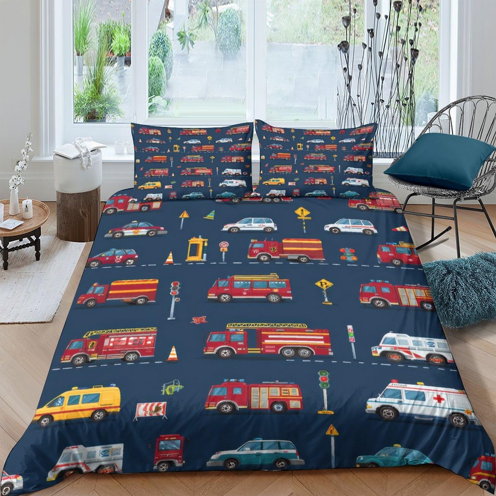 Ctjqhvkz Style-9 3D Printed Fire Truck Fitted Sheet Microfiber Soft Breathable Ambulance Bed Cover For Bedroom Dorm Decoration Single（135X200cm）