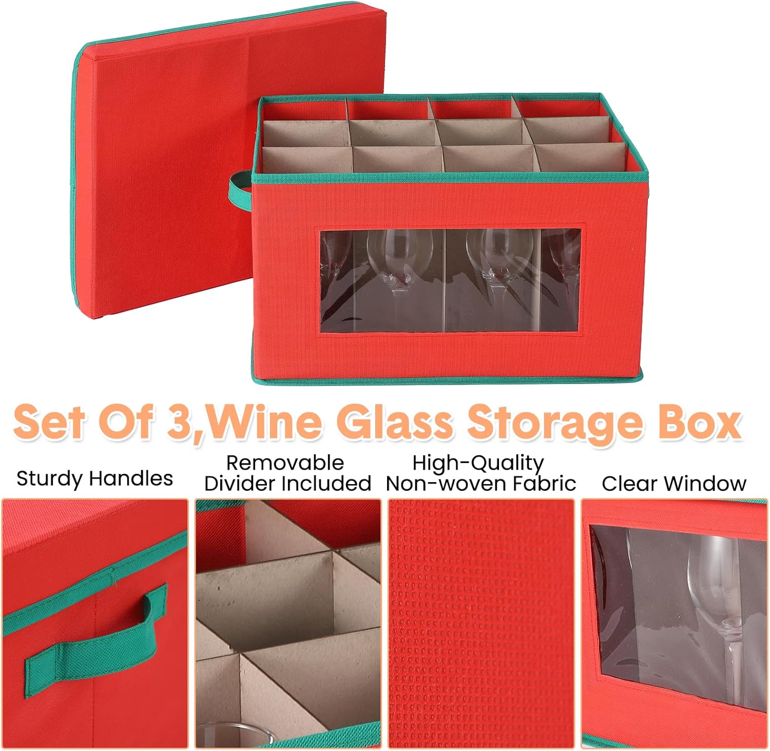 Garvee 3 Pack Wine Glass Storage Boxes with Dividers, 12-Compartment Stemware Organizers with Lid, Handle & Clear Window, China Storage Containers for Glassware, Wine Glasses, Drinkware, Red